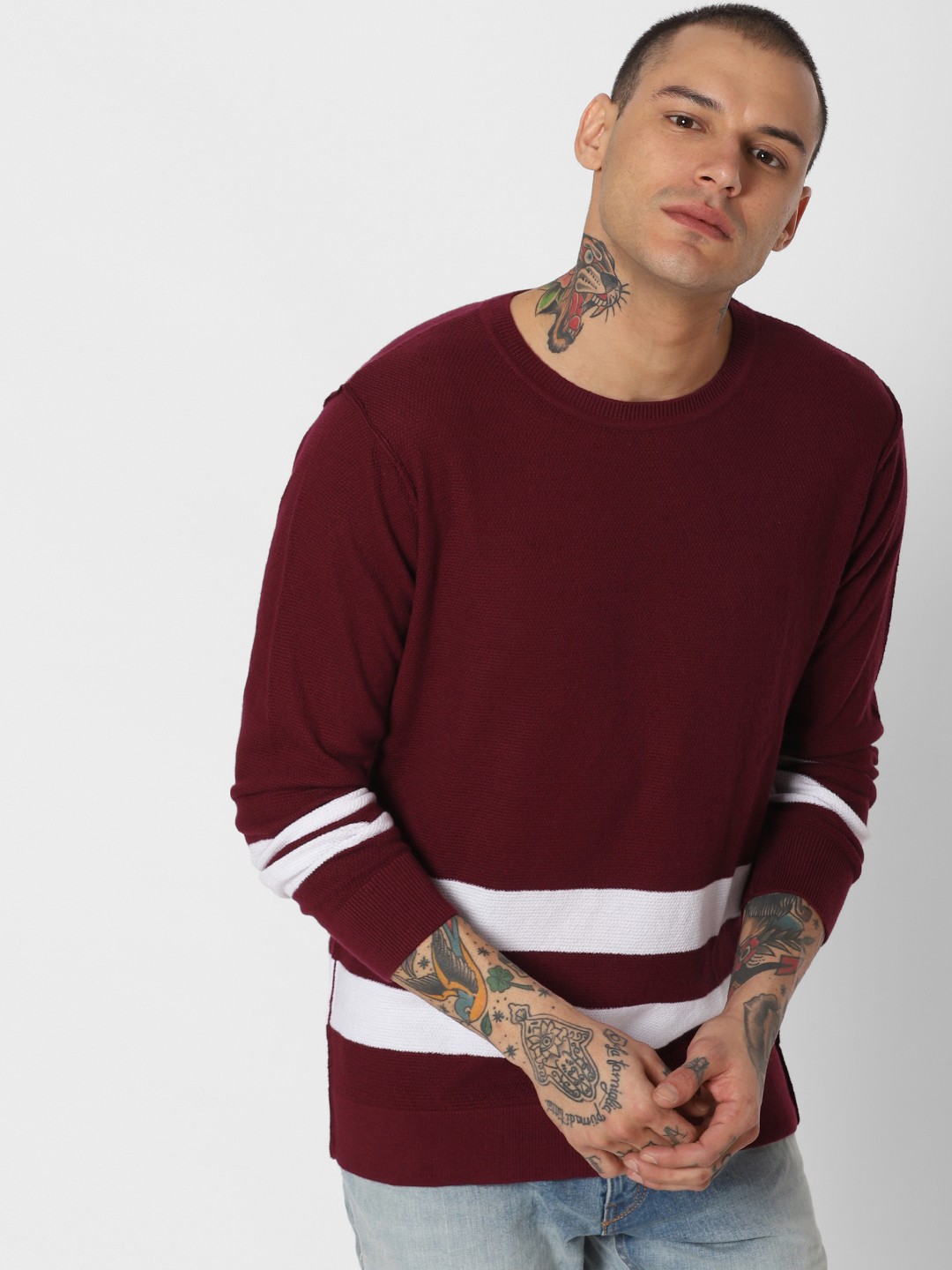 

Jack & Jones Men Maroon & White Striped Sweater