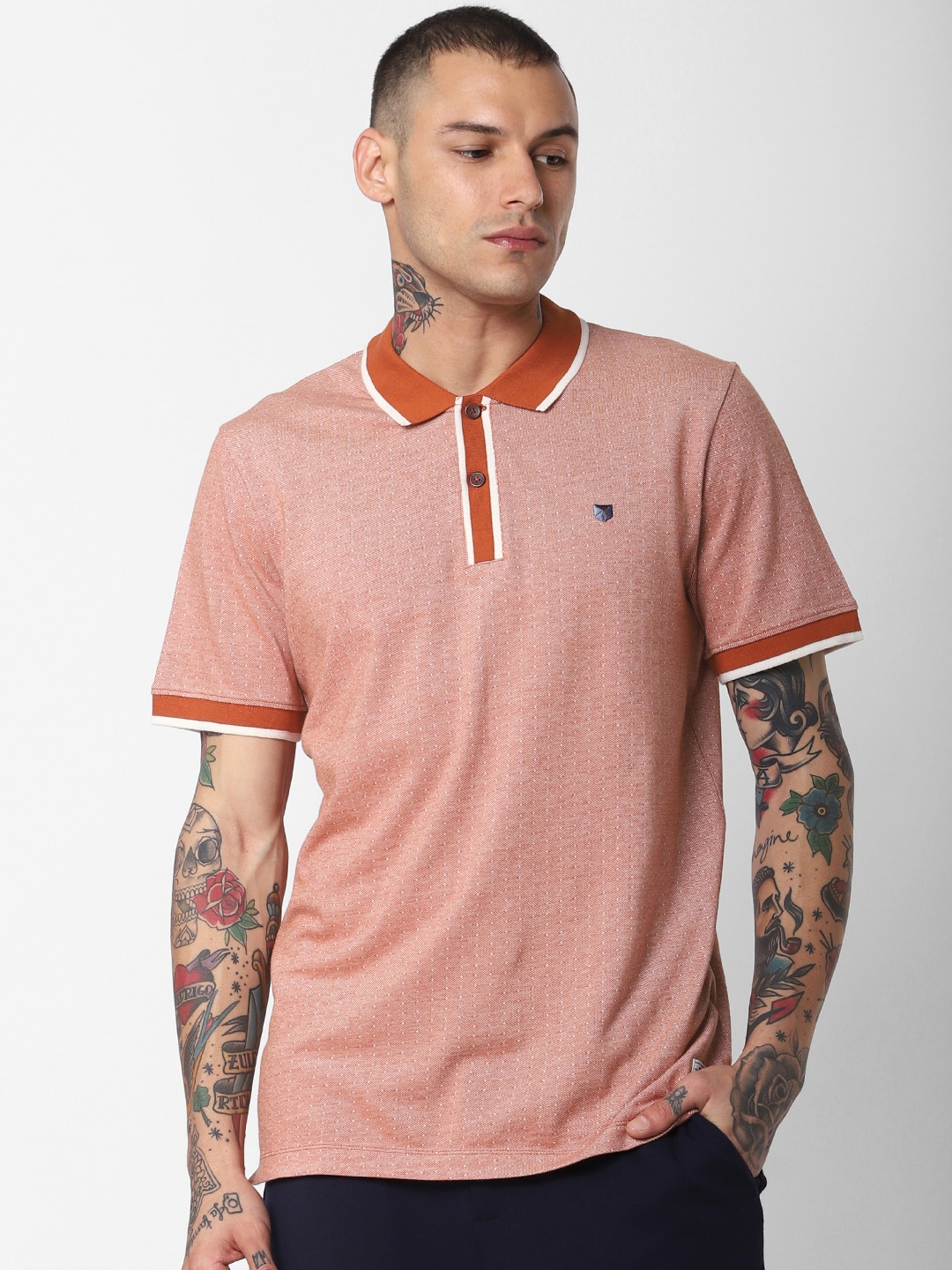 

Jack Jones Men Rust Orange Solid Slim Fit Polo Collar Pure Cotton T-shirt