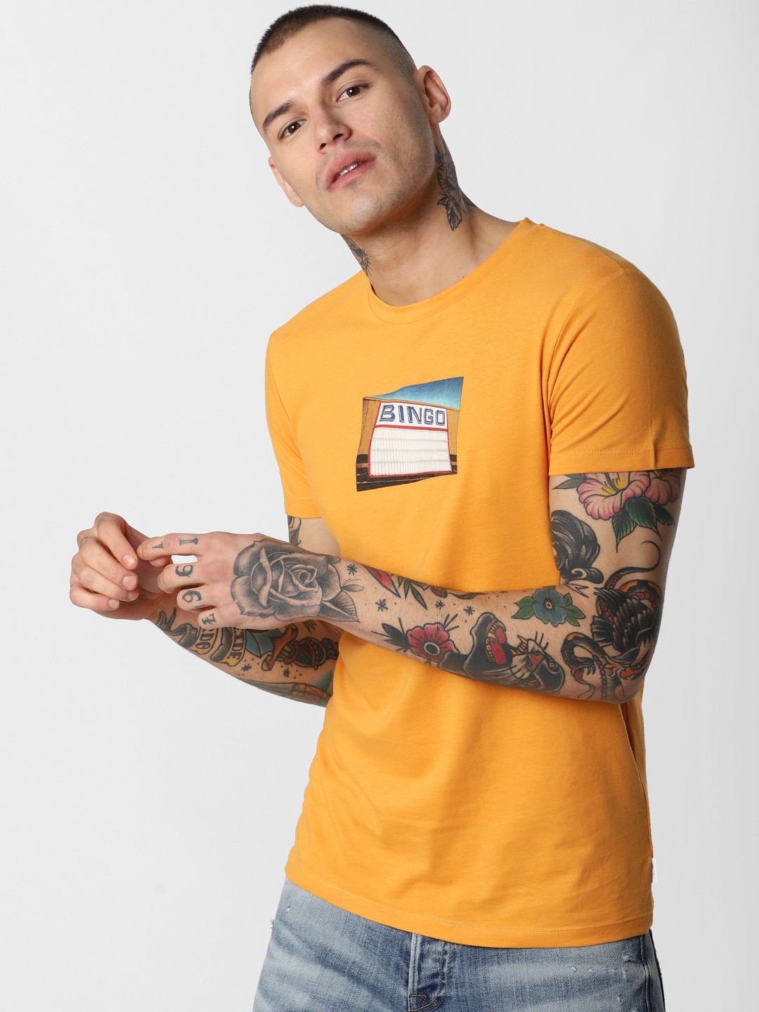 

Jack Jones Men Mustard Yellow Printed Round Neck Pure Cotton T-shirt