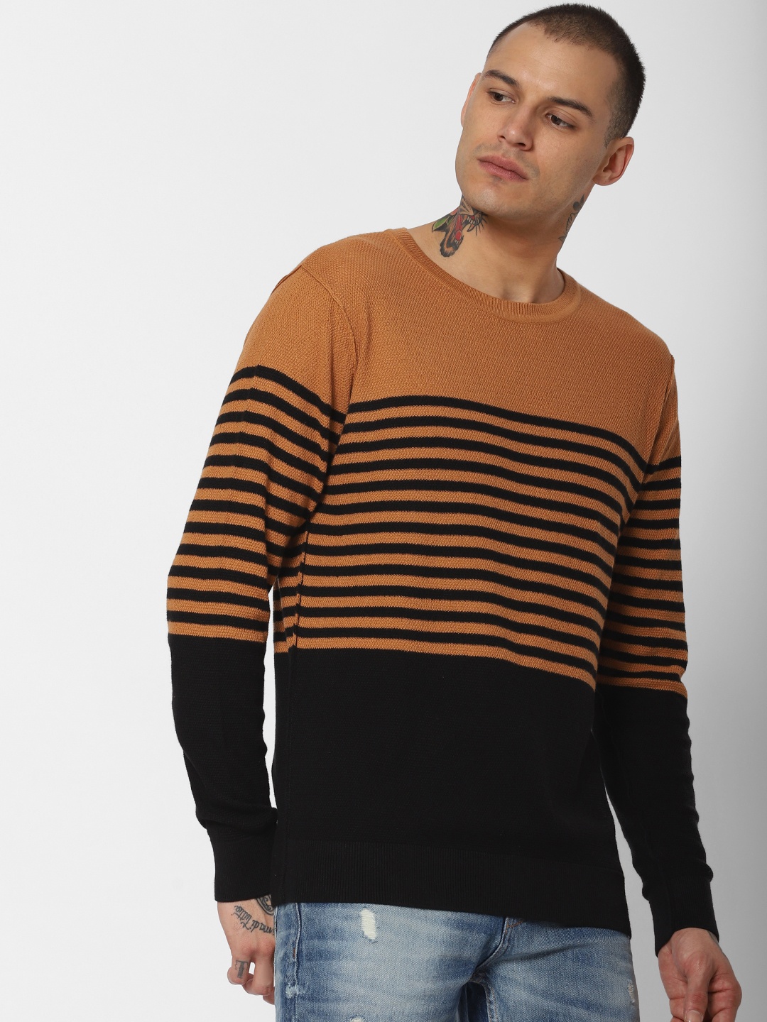 

Jack & Jones Men Camel Brown & Black Striped Sweater