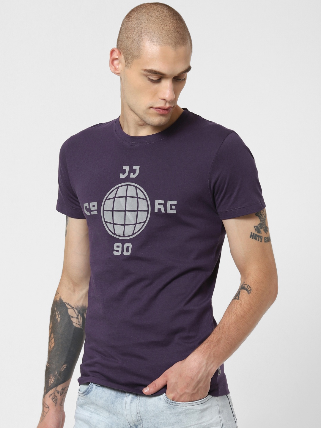 

Jack Jones Men Purple Printed Round Neck Pure Cotton T-shirt