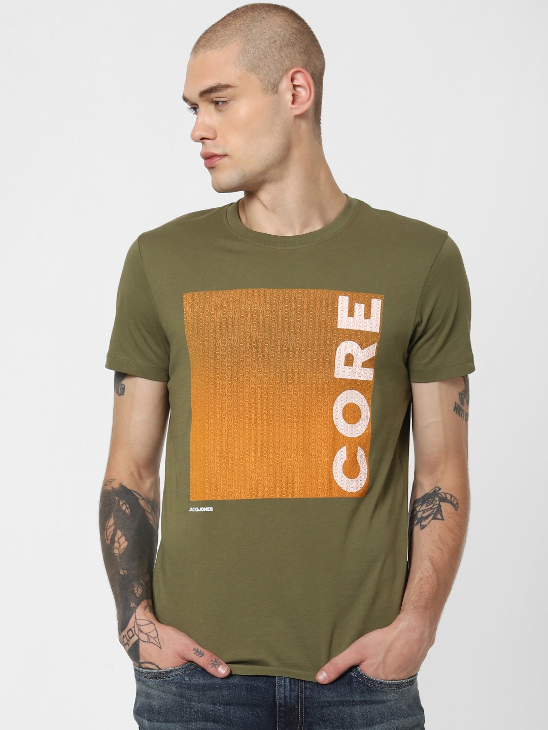 

Jack & Jones Men Olive Green & Orange Printed Round Neck T-shirt