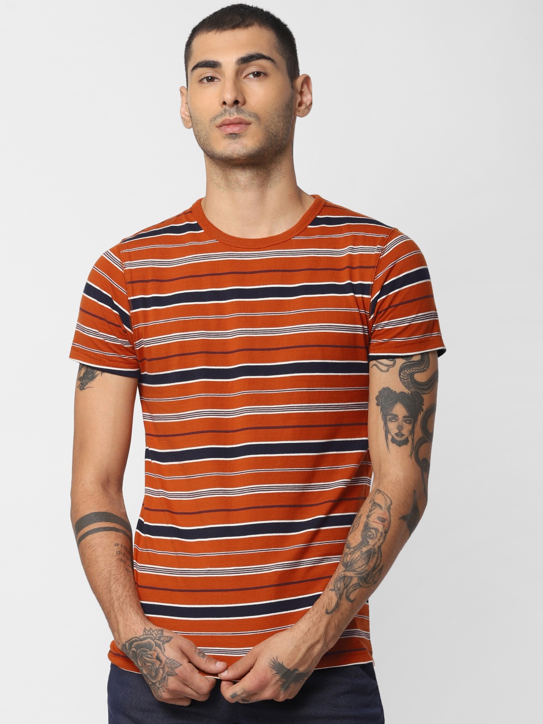 

Jack & Jones Men Brown,Navy blue & White Striped Round Neck T-shirt