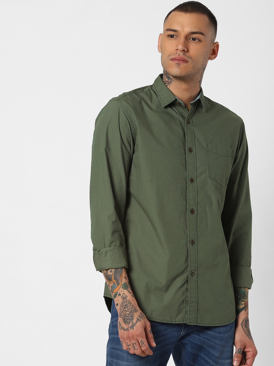

Jack & Jones Men Olive Green Slim Fit Solid Casual Shirt