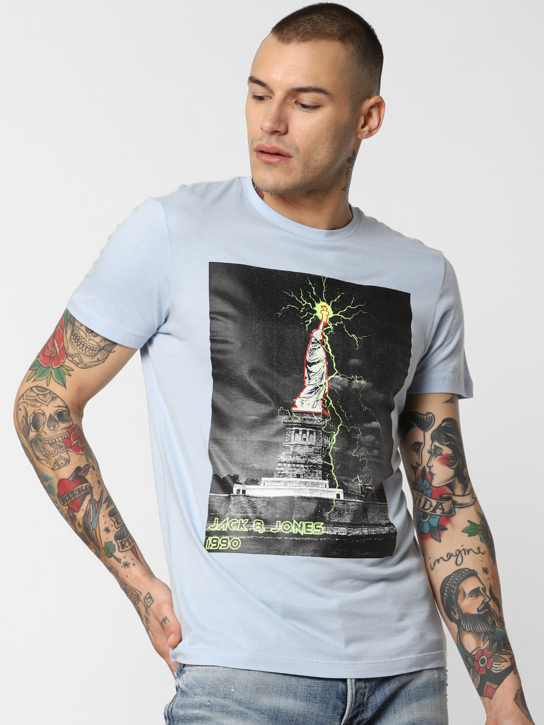 

Jack Jones Men Blue Printed Round Neck Pure Cotton T-shirt