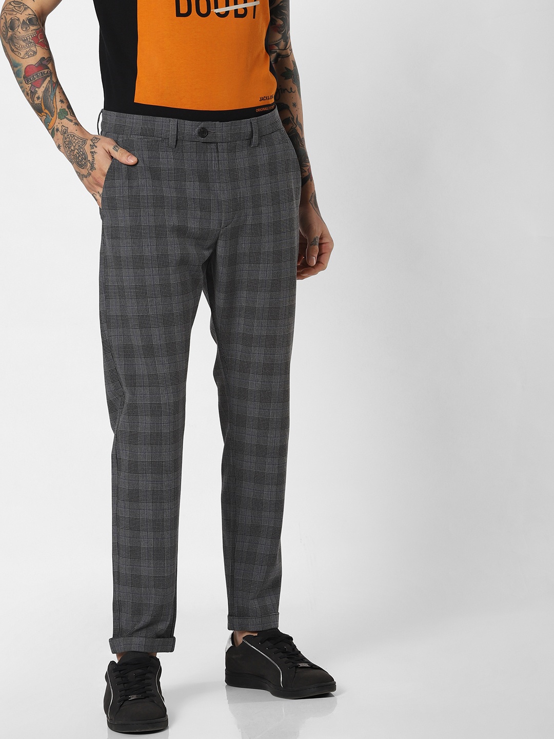

Jack & Jones Men Charcoal Grey Marco Slim Fit Checked Regular Trousers
