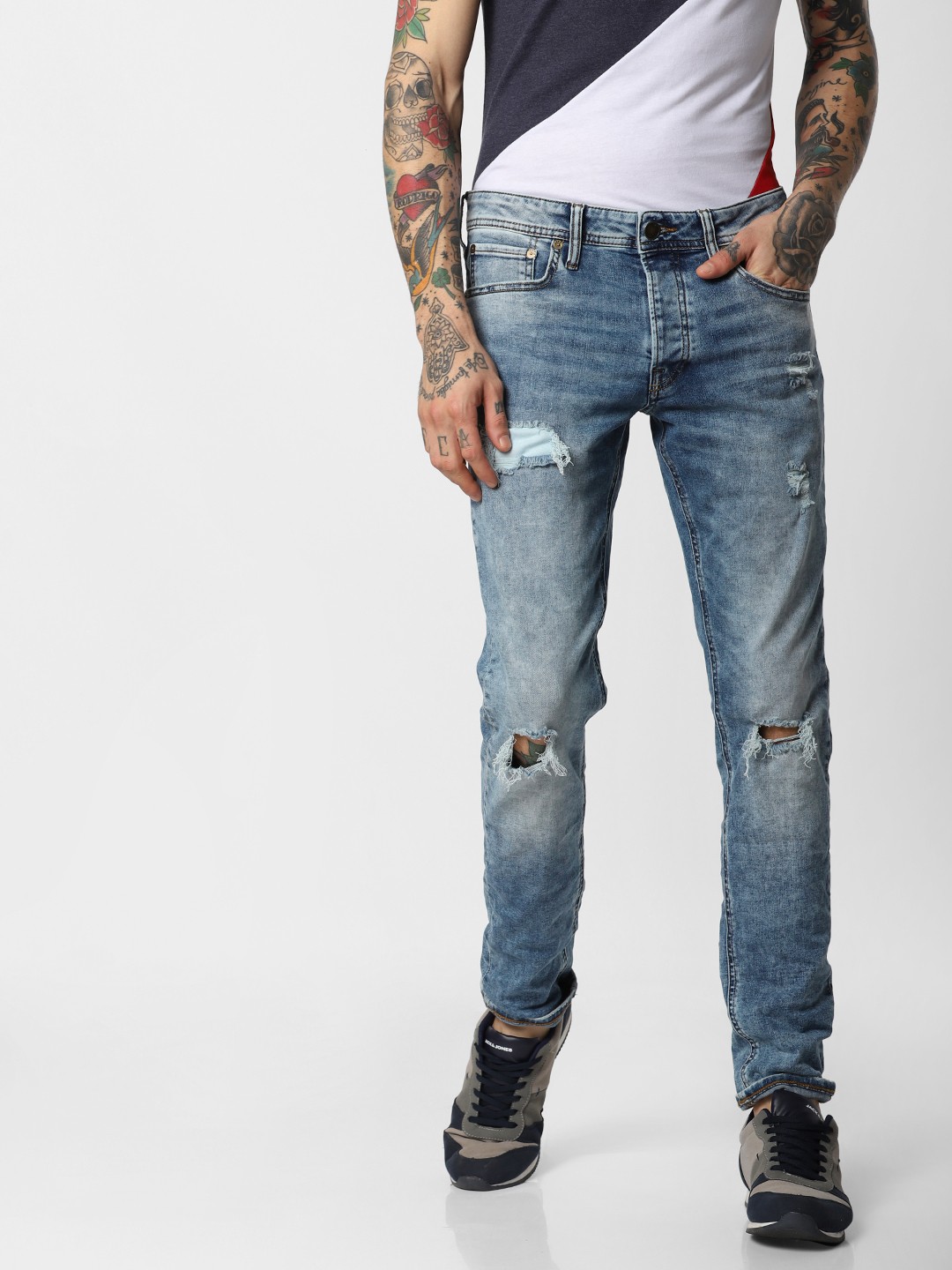 

Jack & Jones Men Blue Glenn Slim Fit Low-Rise Highly Distressed Stretchable Jeans