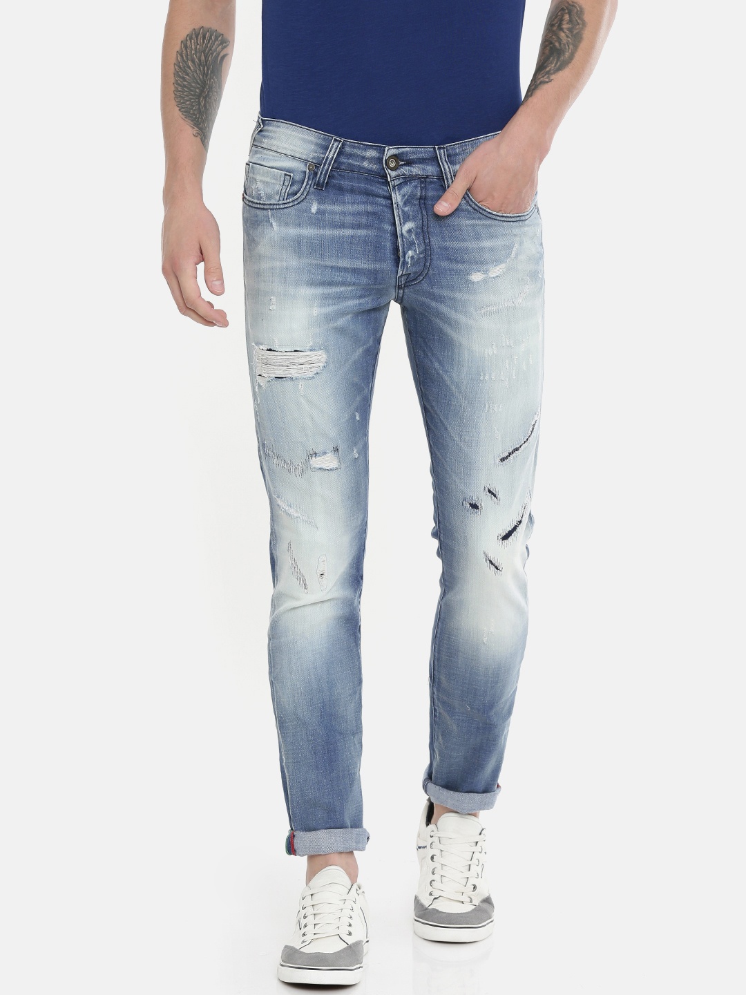 

Jack & Jones Men Blue Glen Slim Fit Low-Rise Highly Distressed Stretchable Jeans