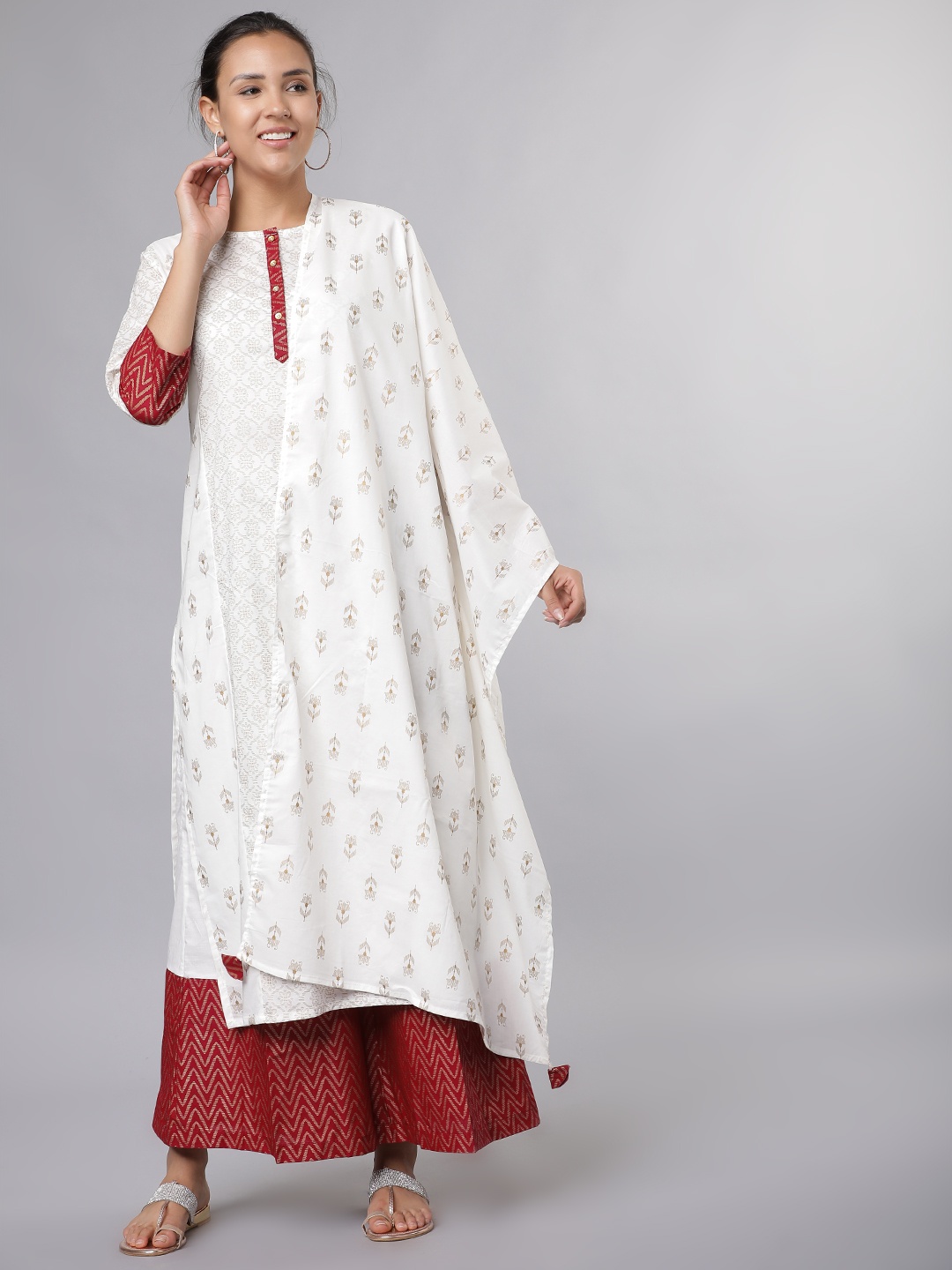 

Vishudh Women Cream-Coloured & Maroon Printed Kurta with Palazzos