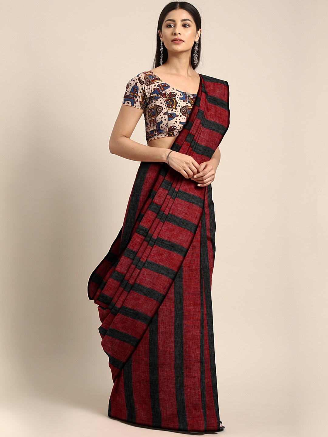 

Mitera Maroon & Black Bengal Soft Handloom Striped Saree