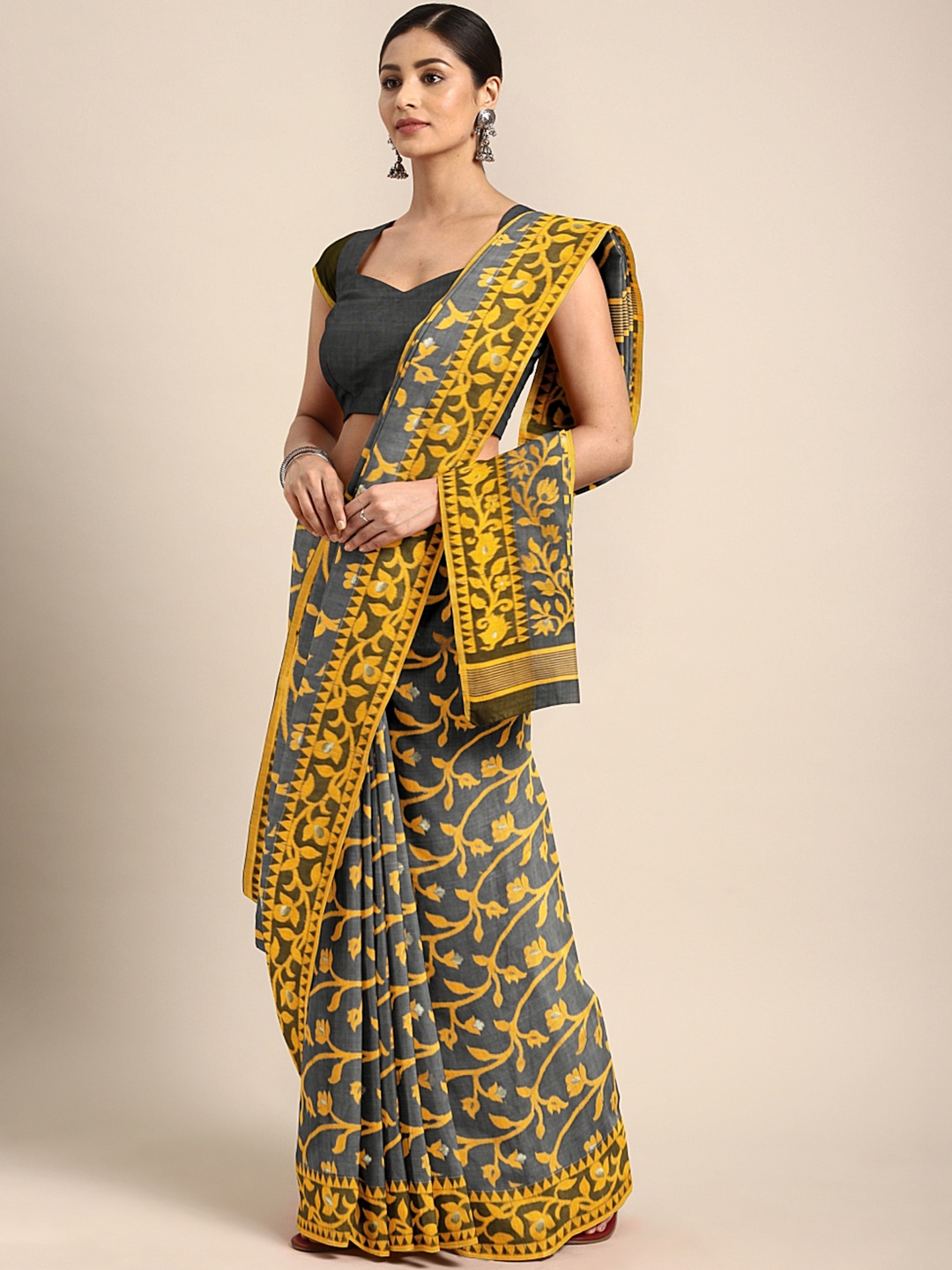 

Mitera Grey & Mustard Yellow Handwoven Jamdani Saree