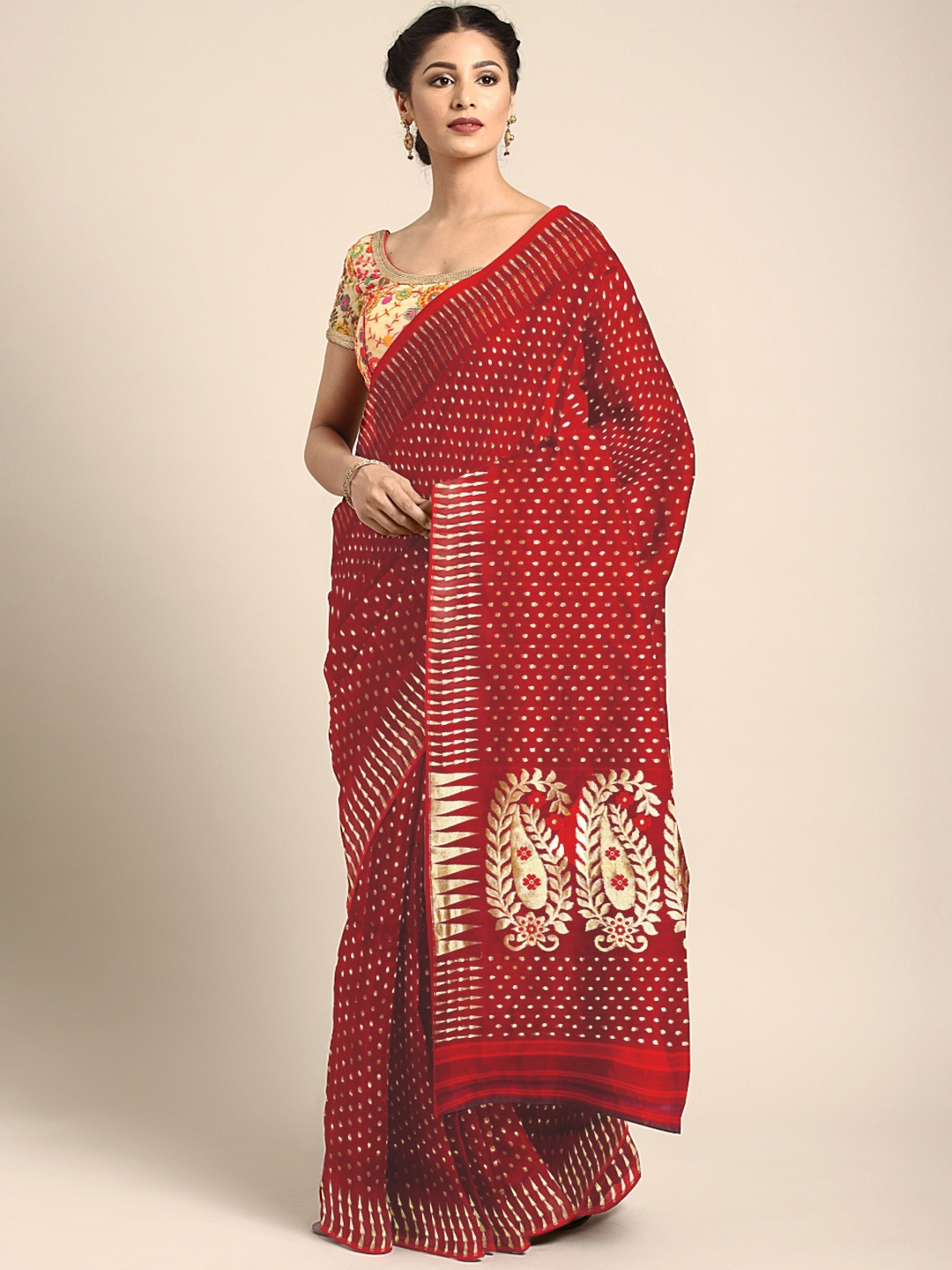 

Mitera Red & Golden Handwoven Jamdani Saree