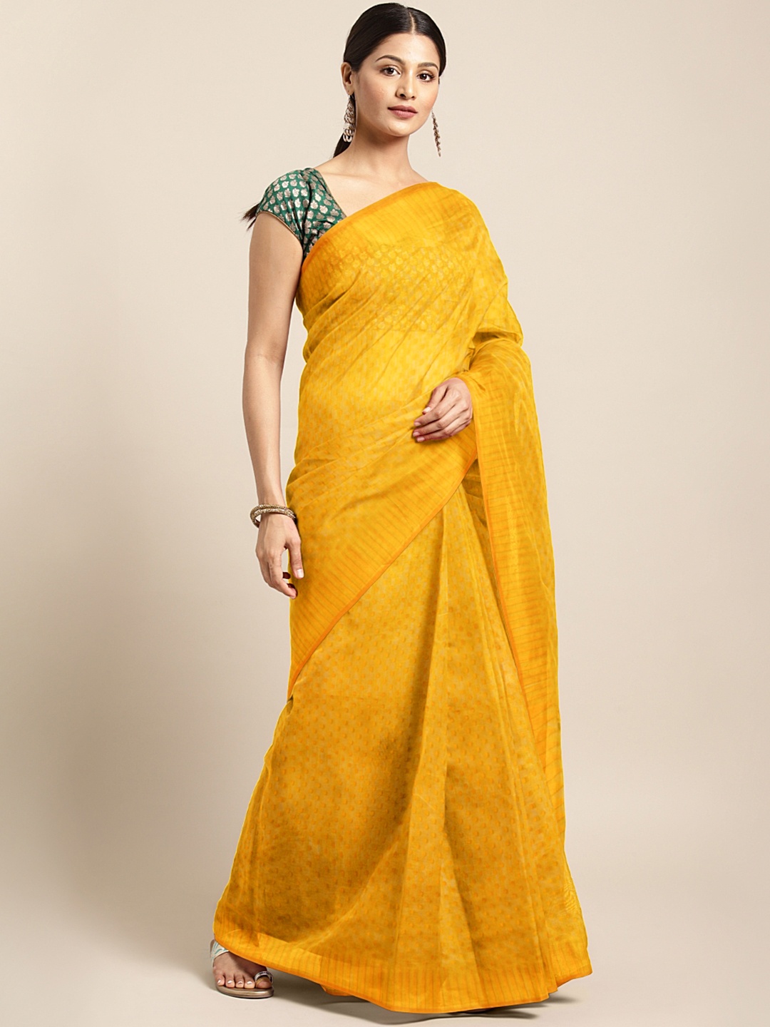 

Mitera Mustard Yellow Hand Woven Jamdani Saree