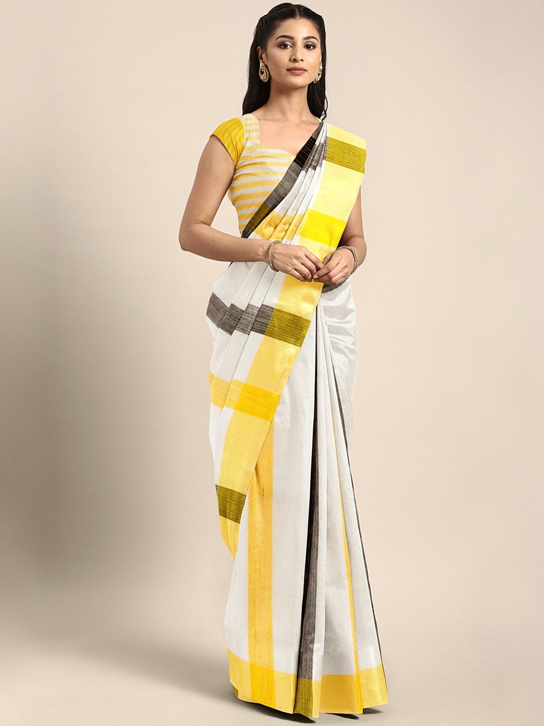 

Mitera Off-White & Yellow Striped Bengal Soft Handloom Saree