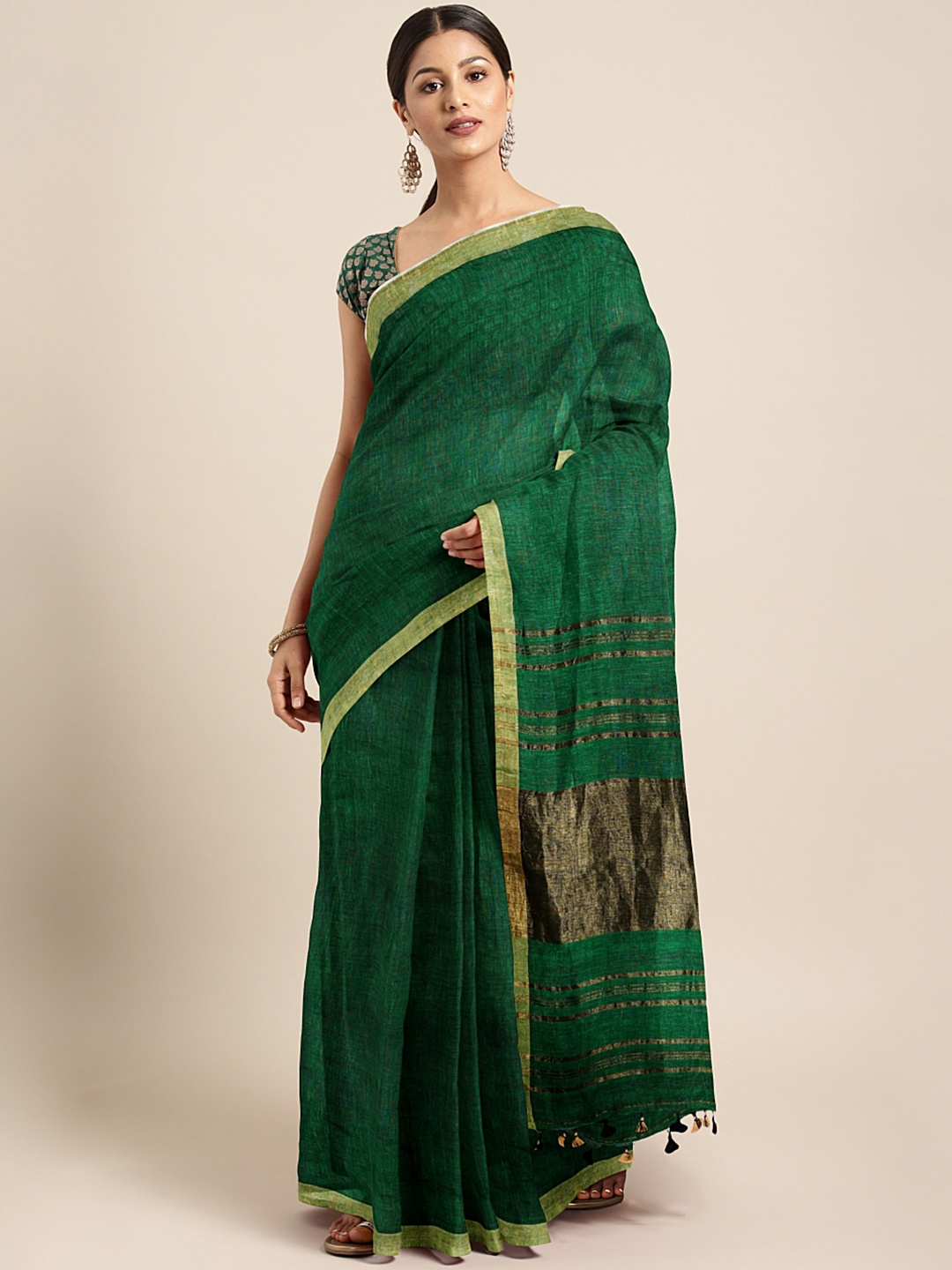 

Mitera Green Handwoven Solid Pure Linen Saree
