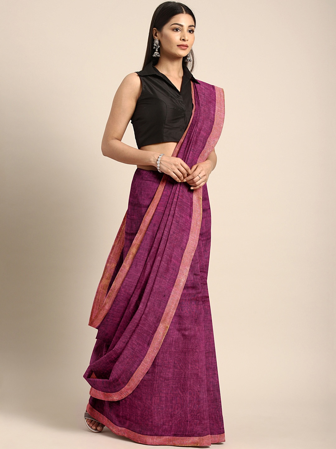 

Mitera Magenta Handwoven Linen Solid Saree