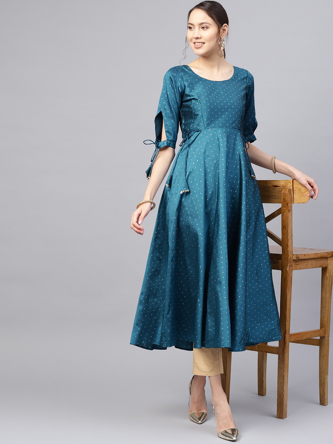 

Inddus Women Teal Blue & Golden Woven Design A-line Kurta