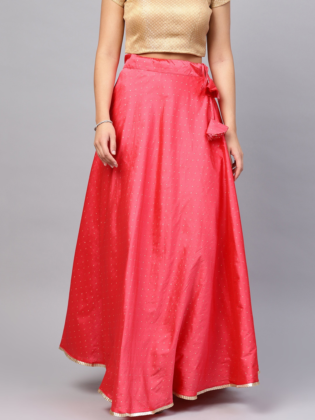 

Inddus Women Pink & Golden Self Design Flared Maxi Skirt
