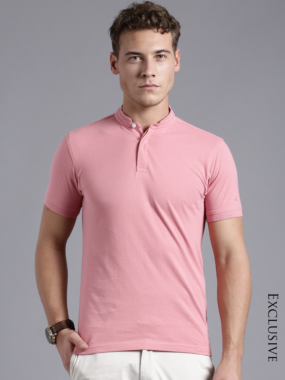 

ETHER Pink Solid Mandarin Collar Slim Fit Pure Cotton T-shirt