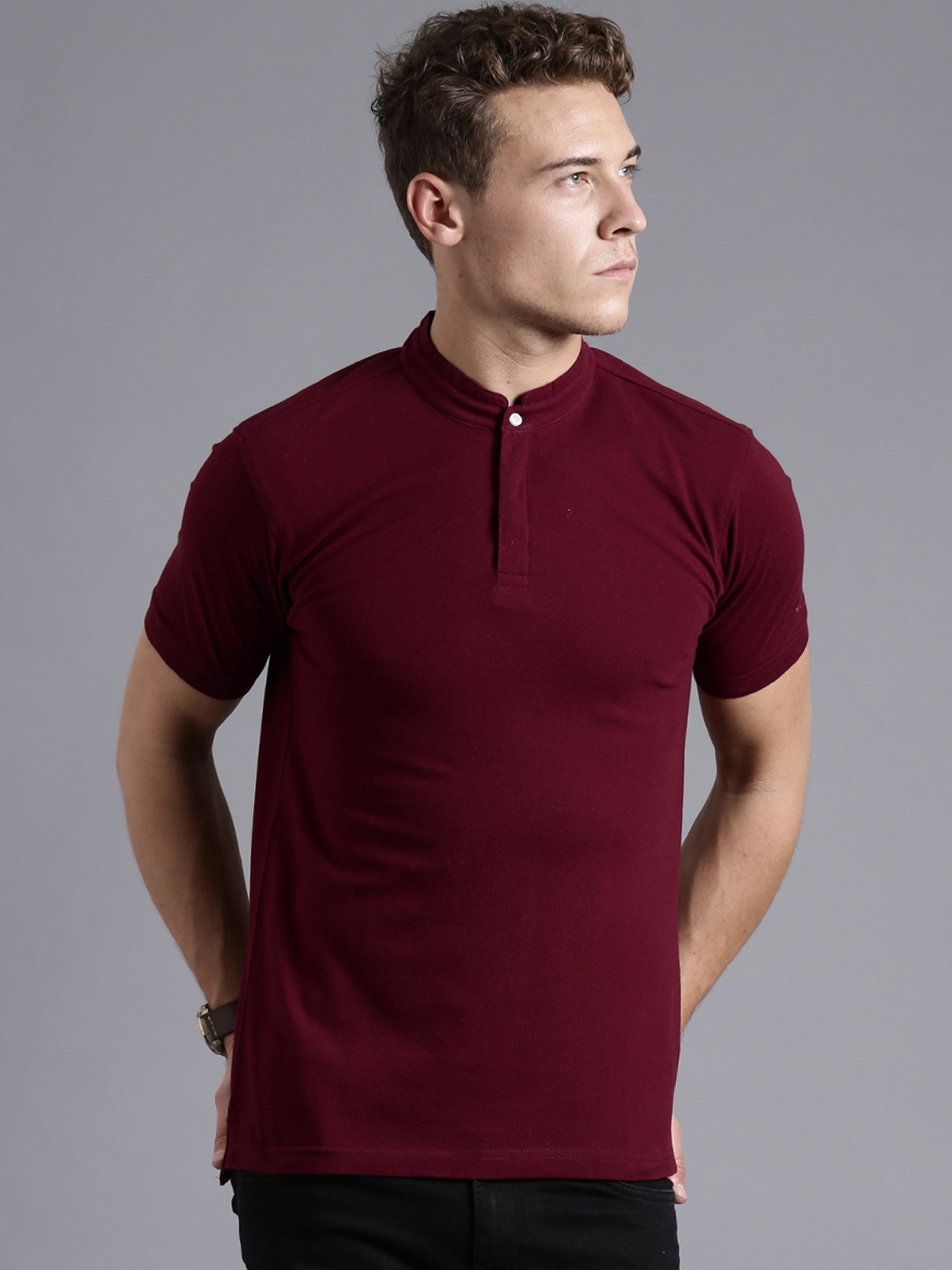 

ETHER Burgundy Slim Fit Pure Cotton T-shirt