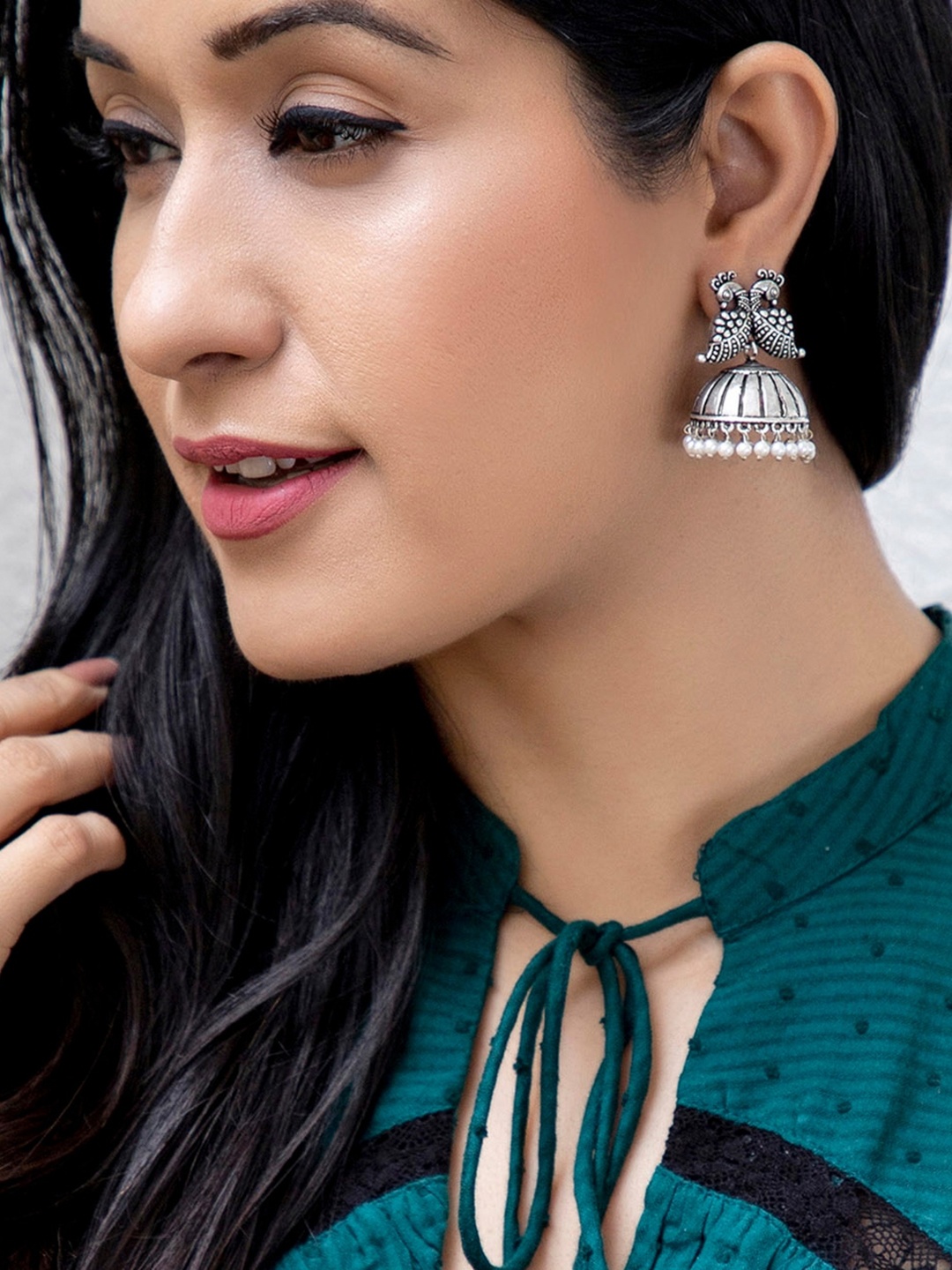 

Rubans Silver-Toned & White Handcrafted Dome Shaped Jhumkas