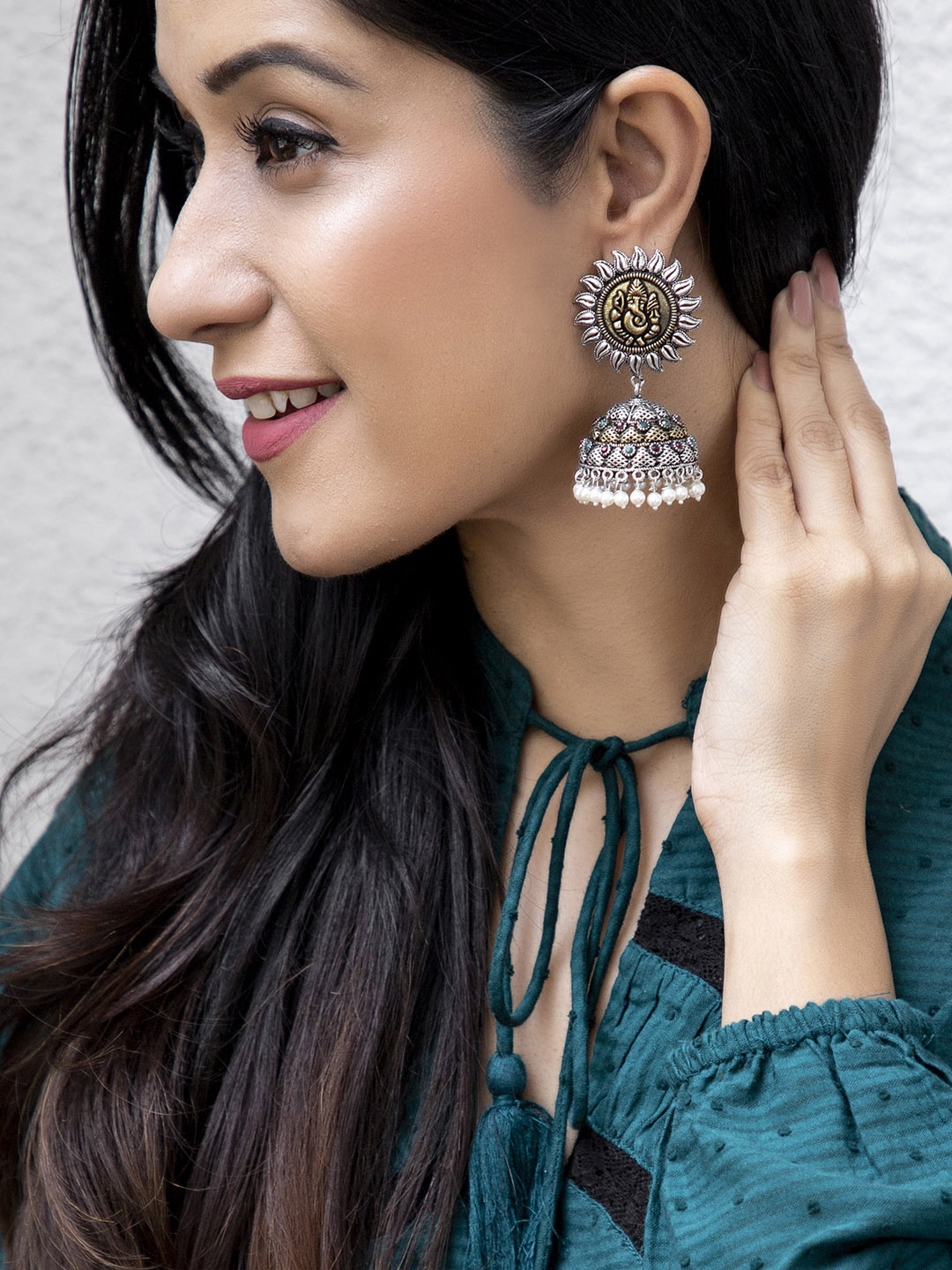 

Rubans Silver-Toned & Gold-Toned Hand Crafted Dome Shaped Jhumkas