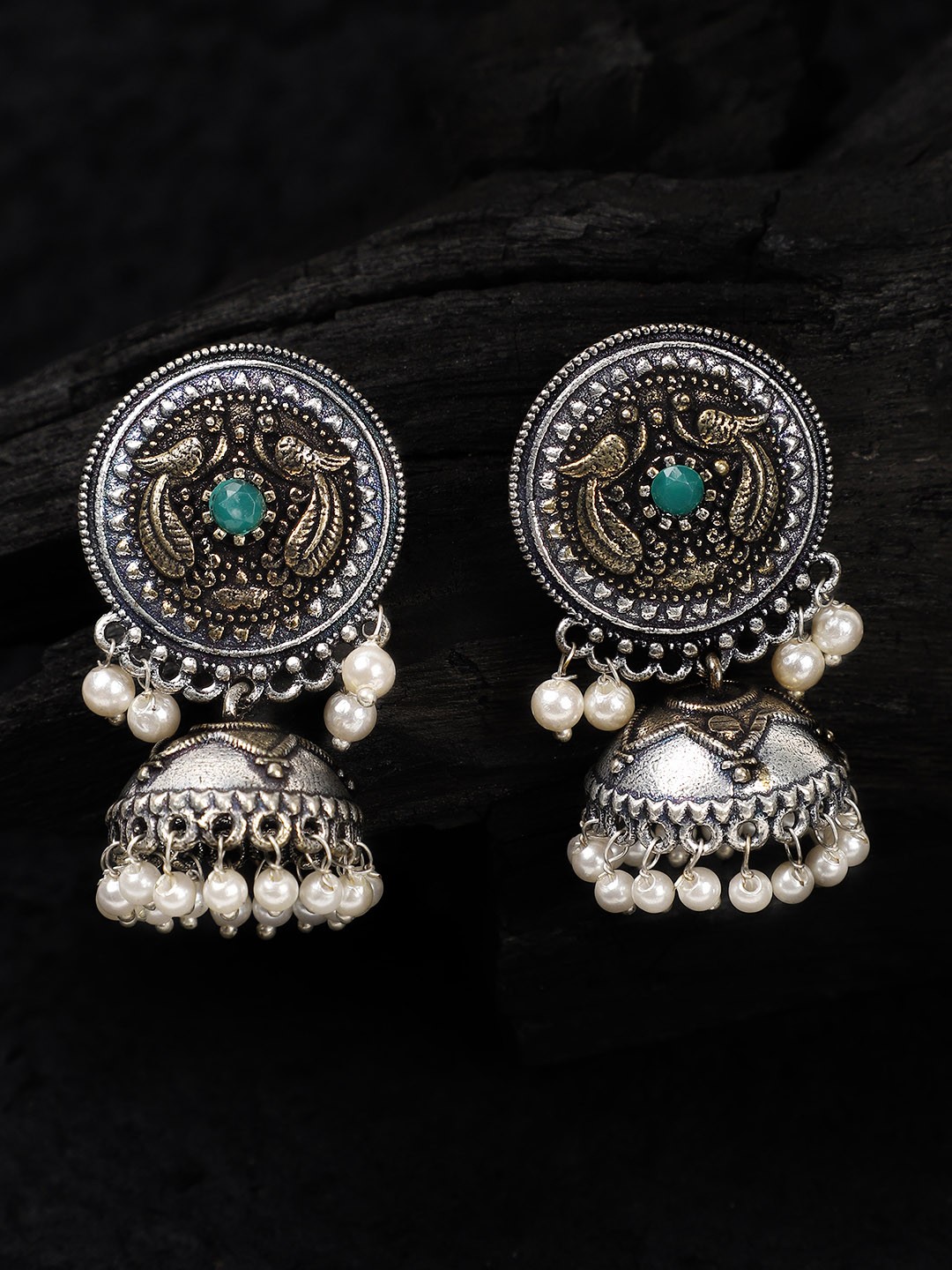 

Rubans Silver-Toned & Gold-Toned Hand Crafted Dome Shaped Jhumkas
