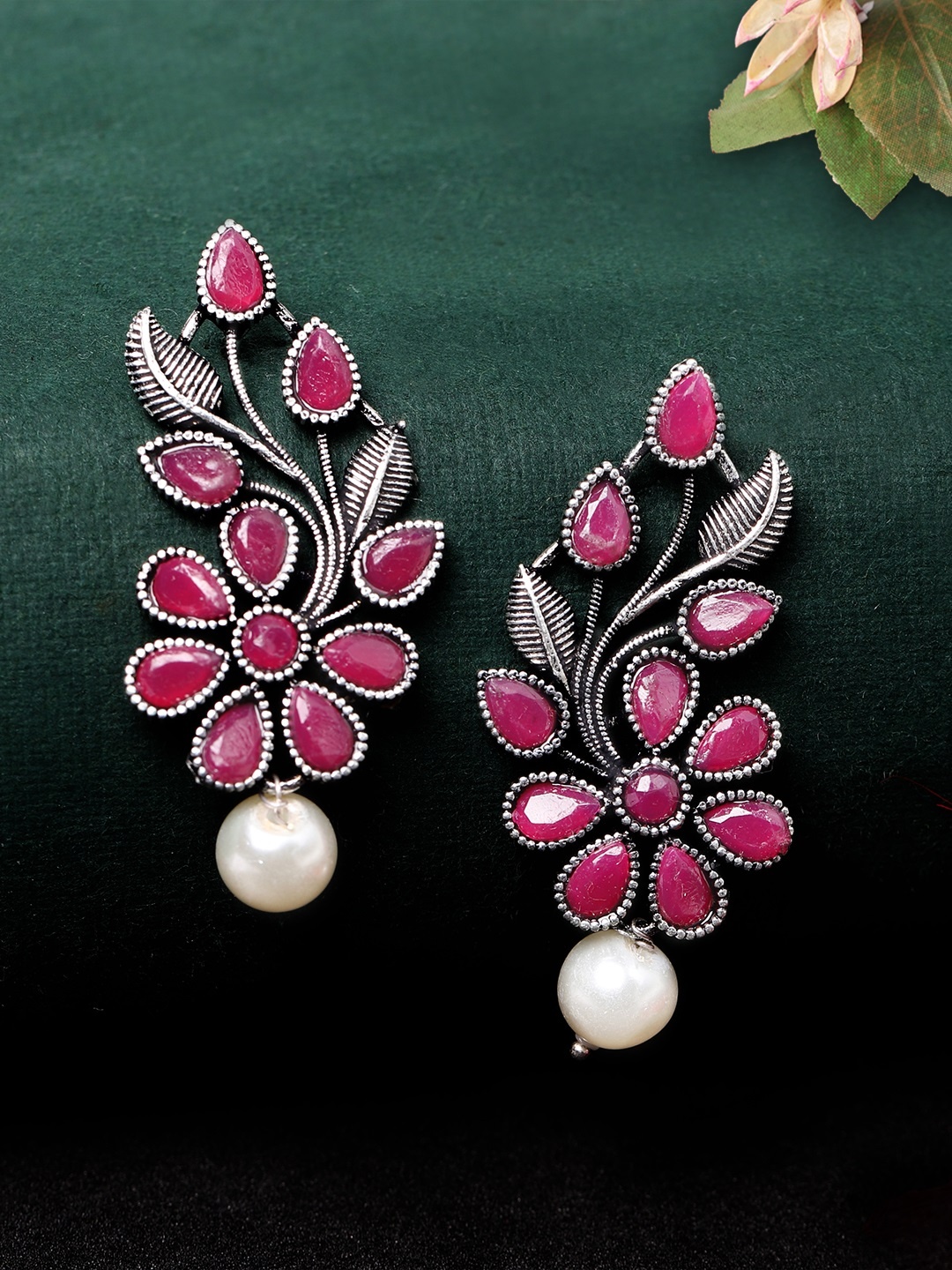 

Rubans Silver-Toned & Red Hand Crafted Floral Drop Earrings