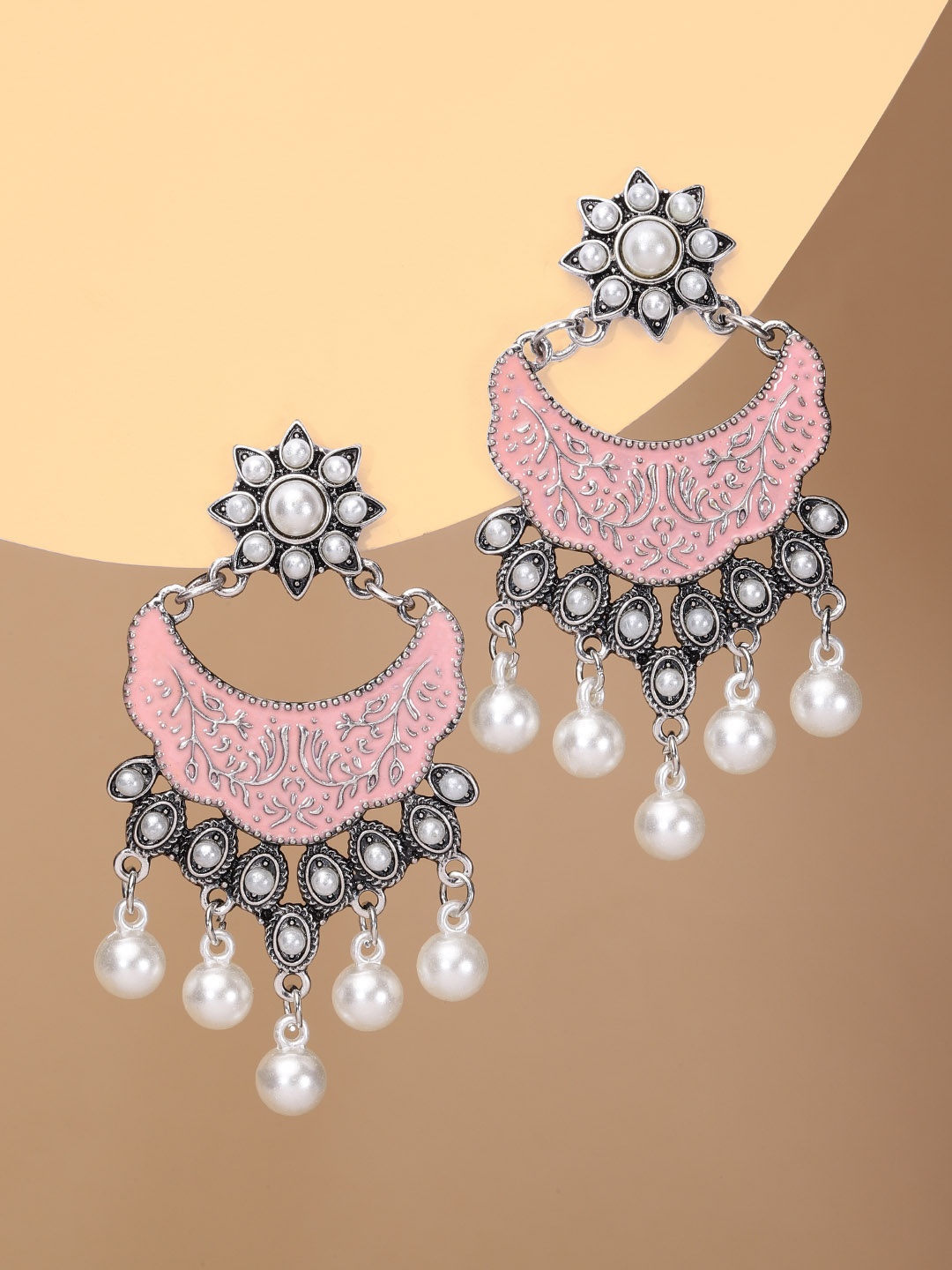 

justpeachy Pink & Silver-Toned Crescent Shaped Drop Earrings