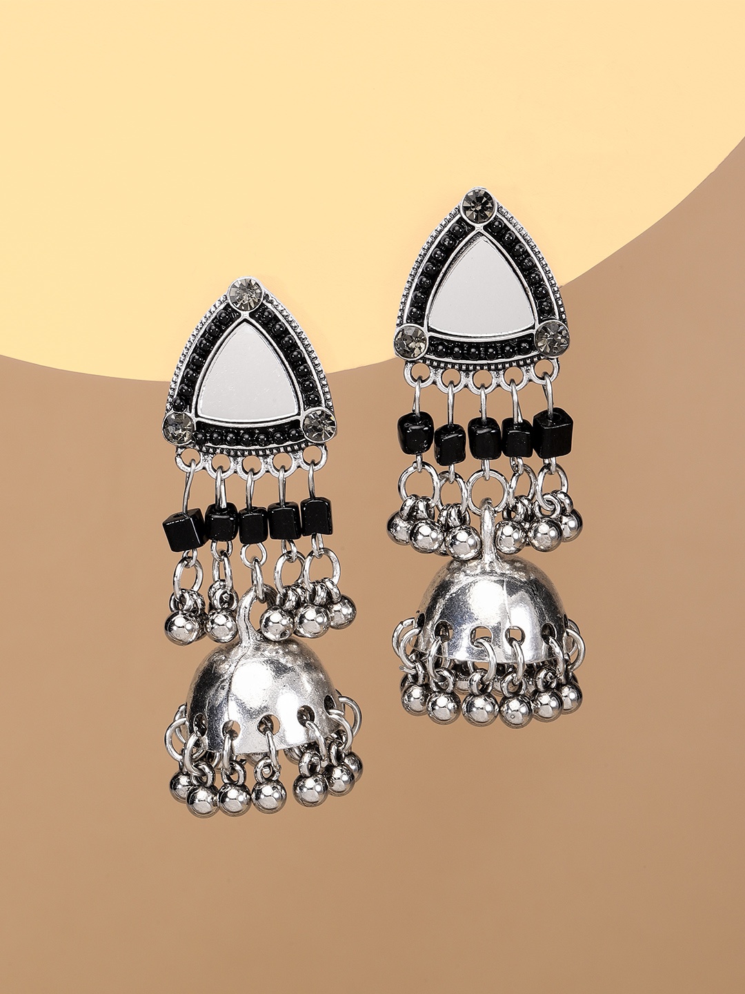 

justpeachy Silver-Toned & Black Dome Shaped Jhumkas