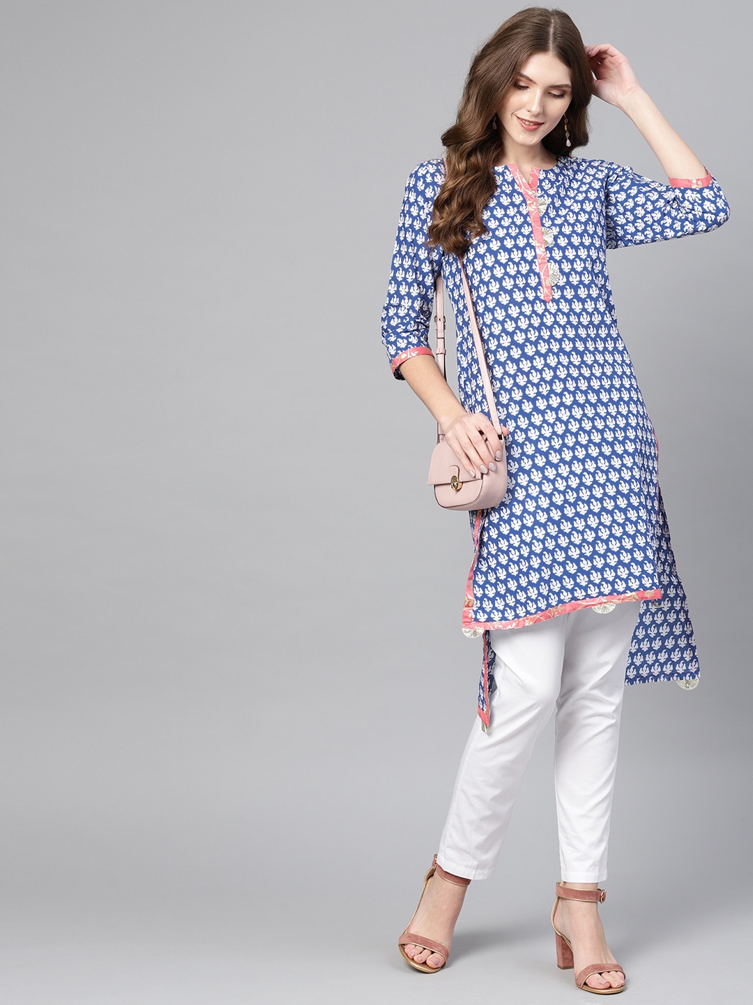 

Ahalyaa Women Blue White Printed High-Low Straight Cotton Kurta