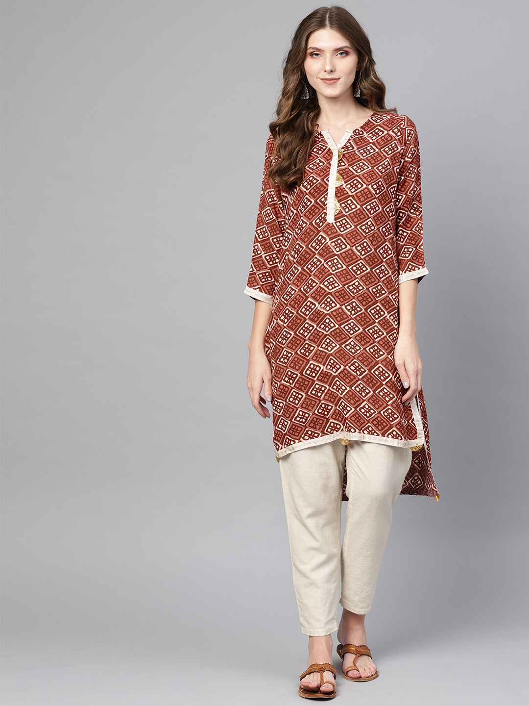 

Ahalyaa Women Rust Brown & Off-White Printed Straight Kurta
