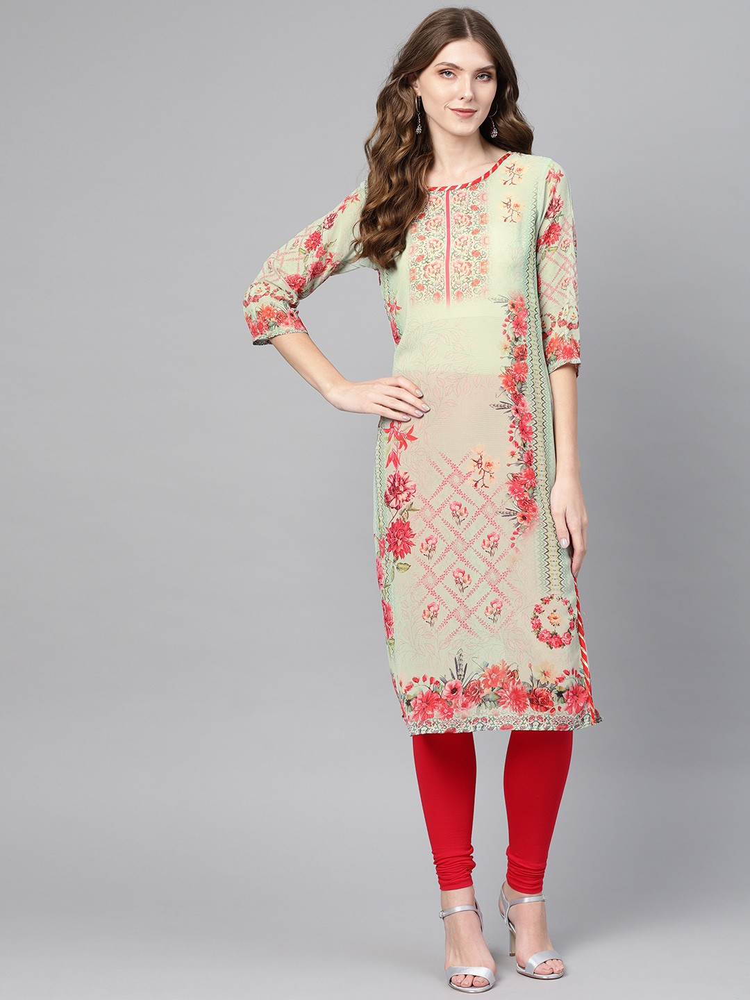 

Ahalyaa Women Green & Coral Pink Floral Print Straight Kurta