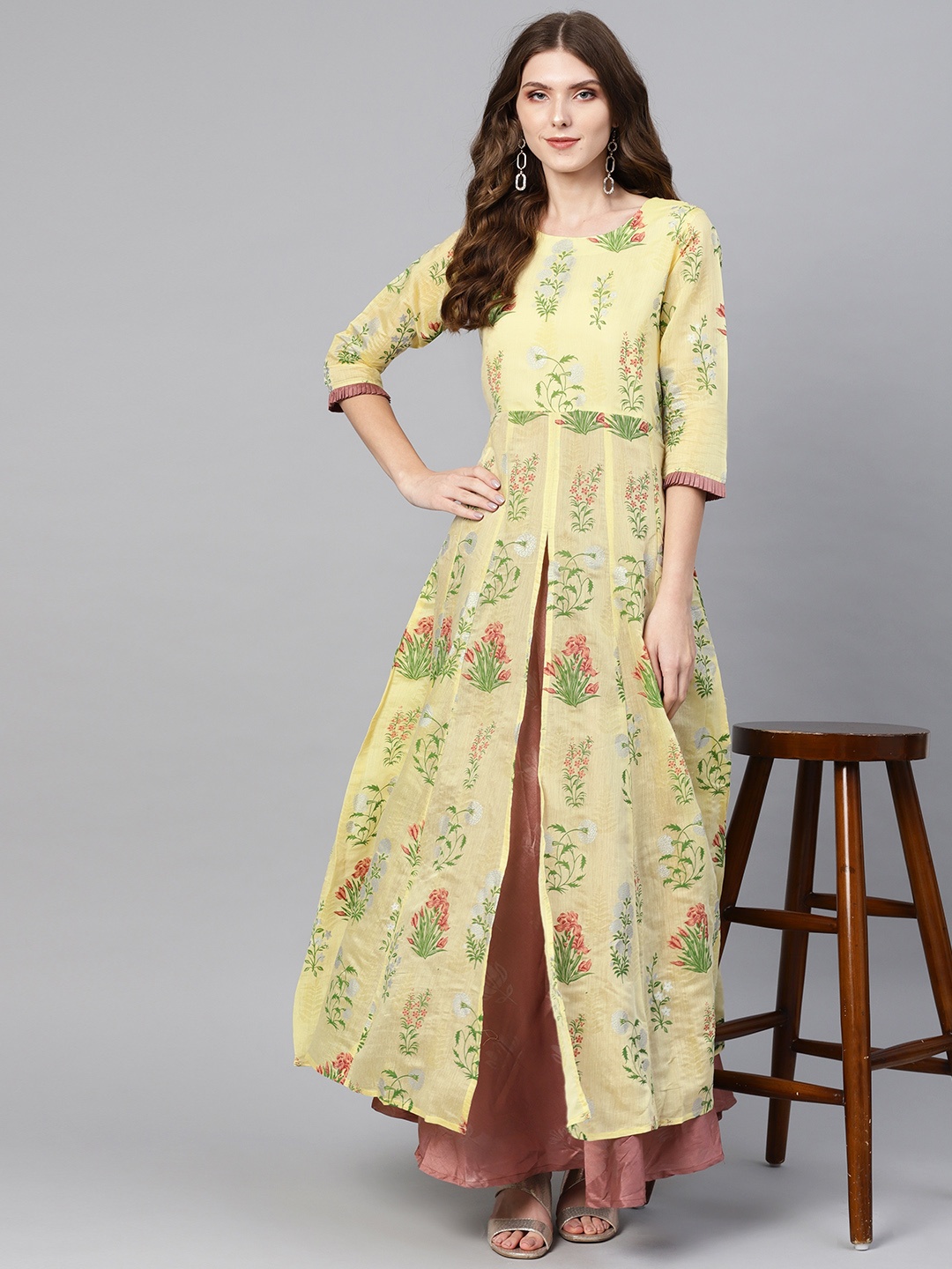 

Ahalyaa Women Yellow & Green Printed Layered Maxi Dress