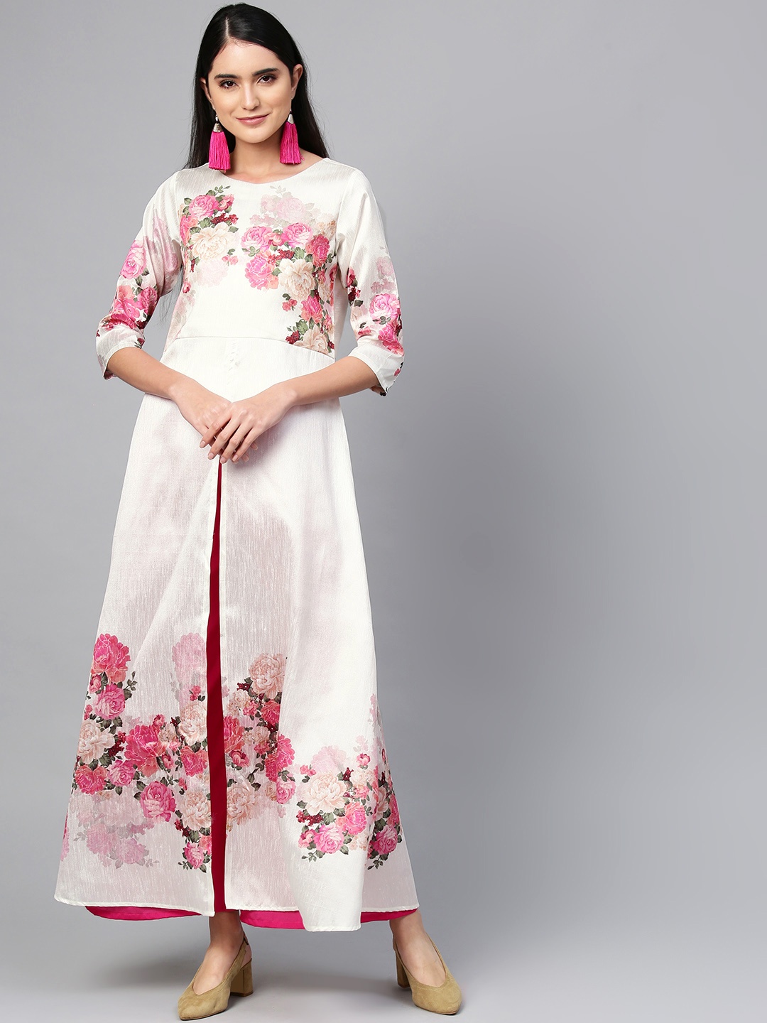 

Ahalyaa Women Off-White & Pink Printed Kurta with Palazzos