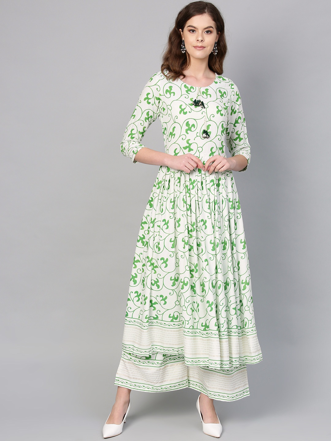 

Ahalyaa Women White & Green Printed Kurta with Palazzos