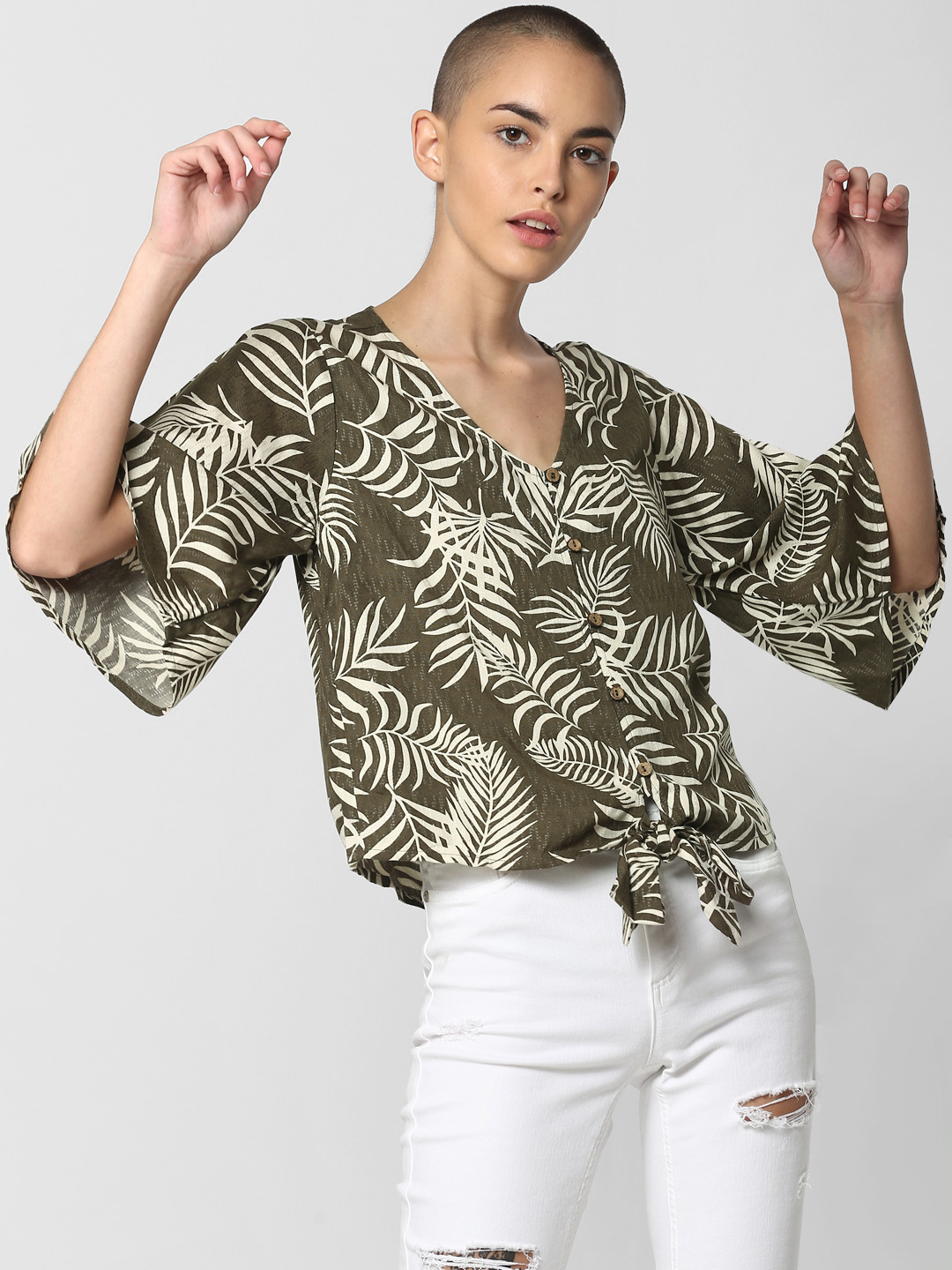 

ONLY Women Brown & Cream Tropical Printed Cinched Waist Top, Olive