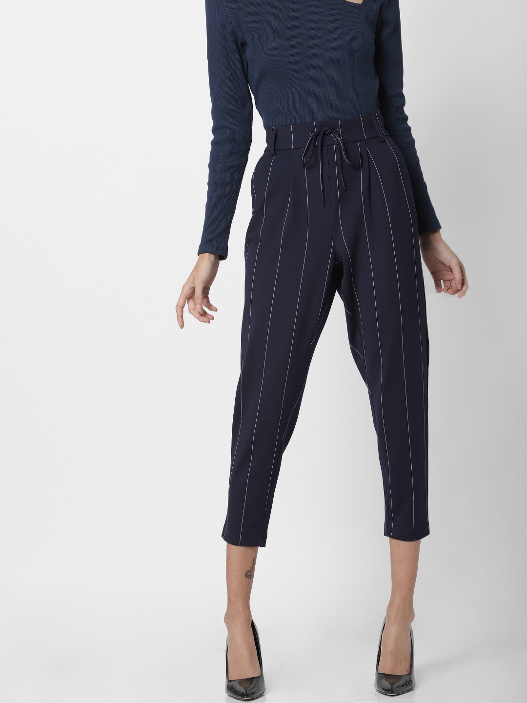 

ONLY Women Navy Blue & White Slim Fit Striped Cropped Trousers
