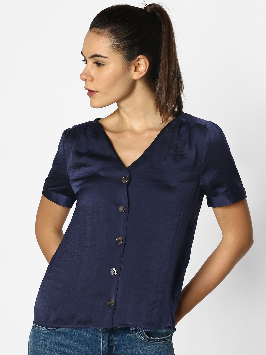 

ONLY Women Navy Blue Solid Satin Top