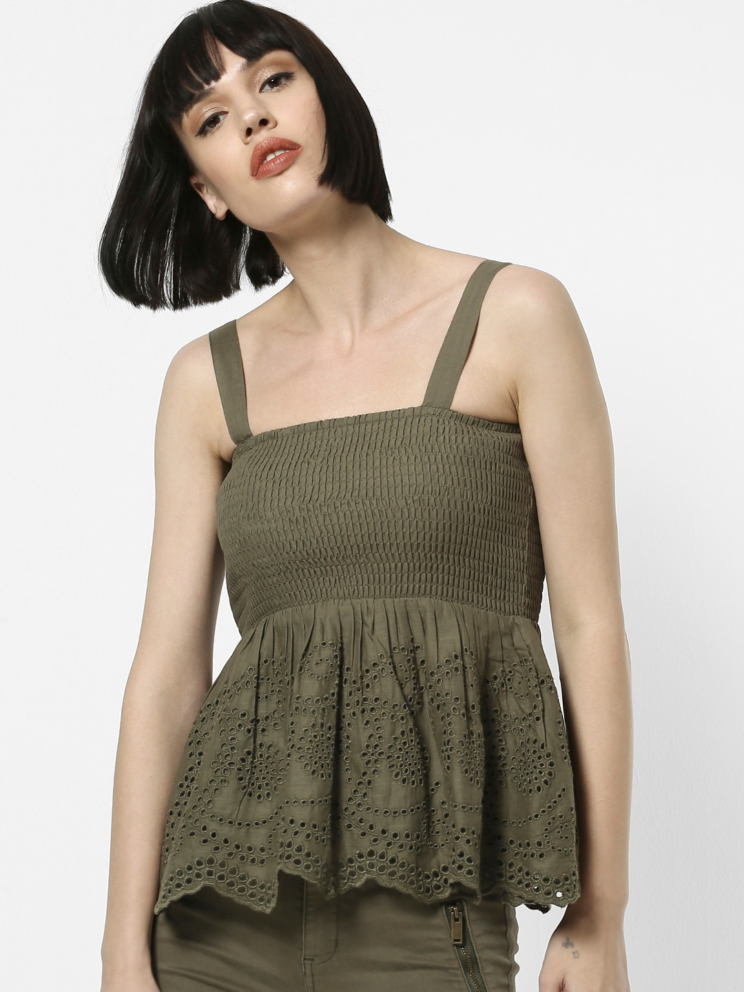 

ONLY Women Olive Green Self Design Peplum Top
