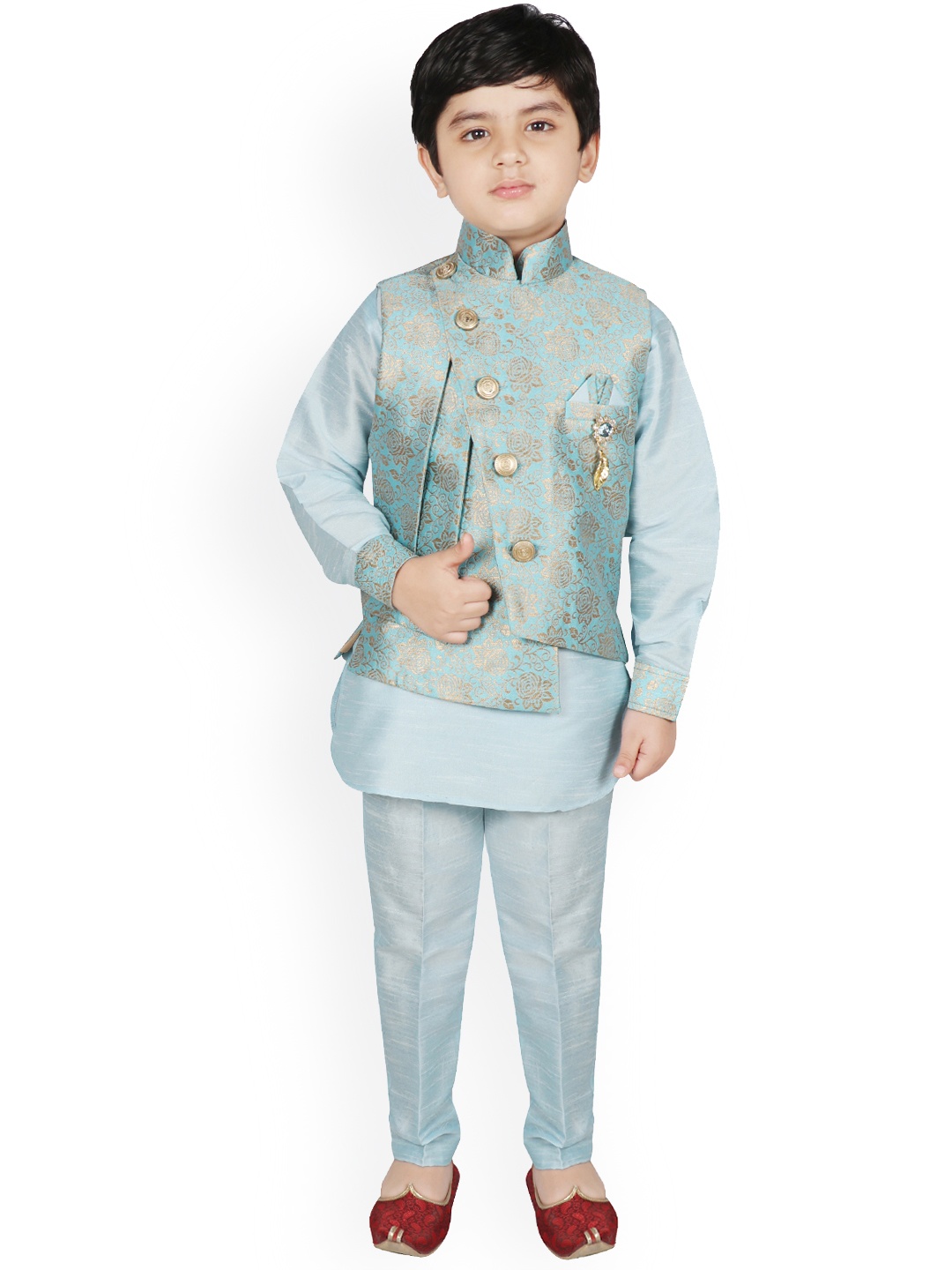 

SG YUVRAJ Boys Blue & Golden Solid Pathani Kurta with Trousers & Jacket