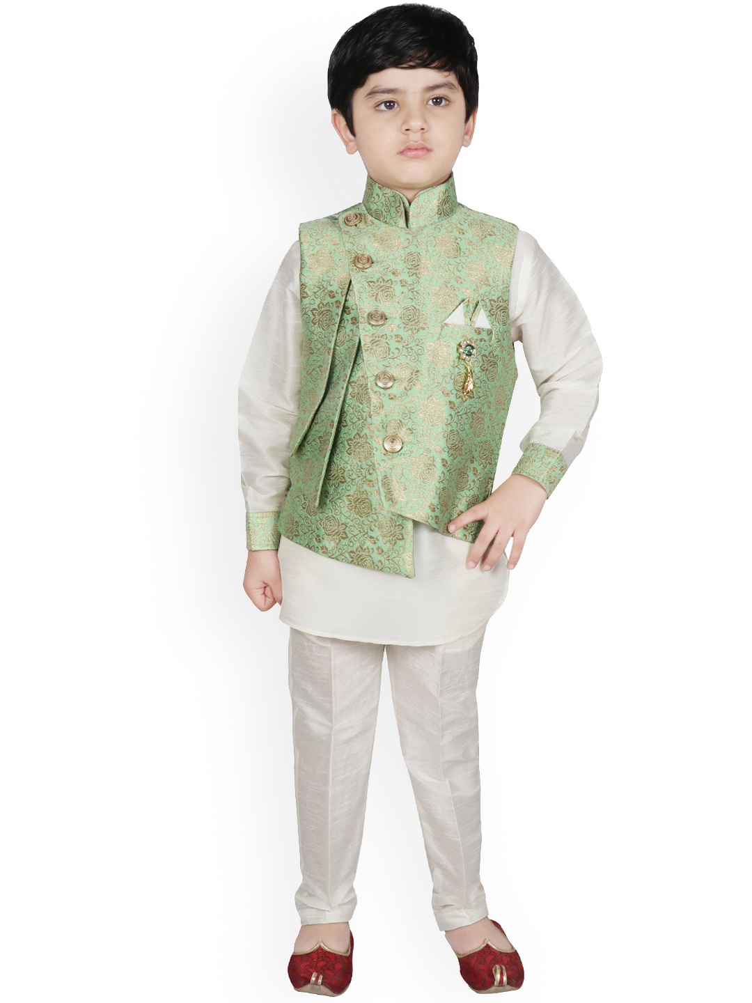

SG YUVRAJ Boys White & Green Solid Pathani Kurta with Trousers & Jacket
