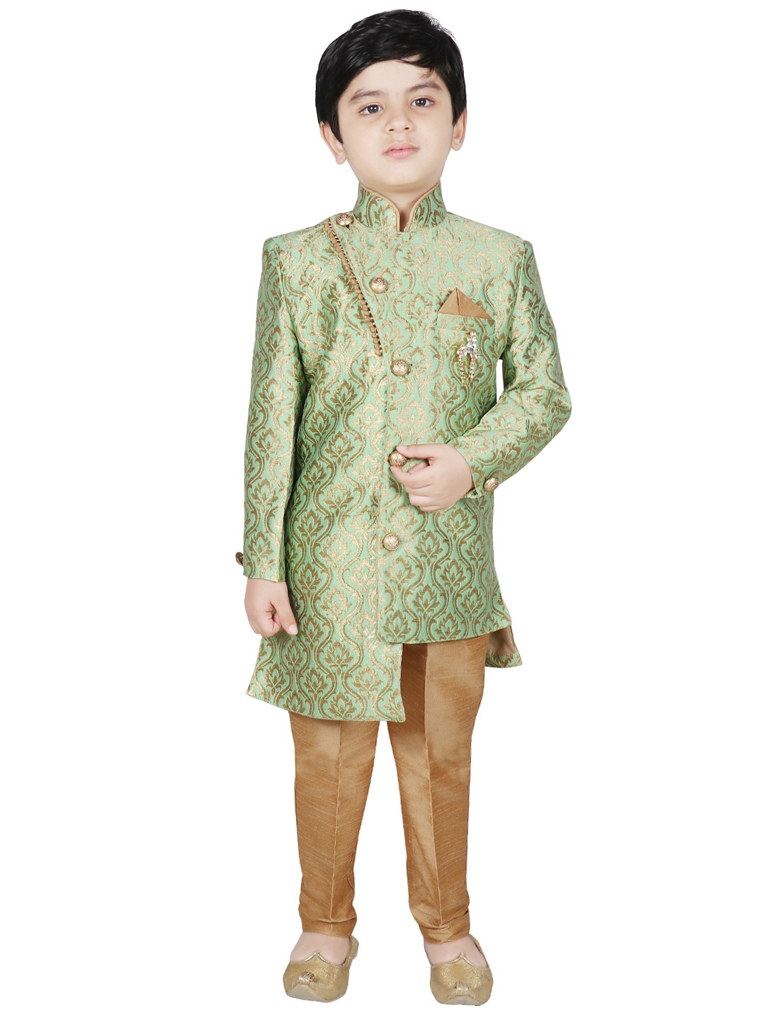 

SG YUVRAJ Boys Green & Brown Woven Design Silk Sherwani Set