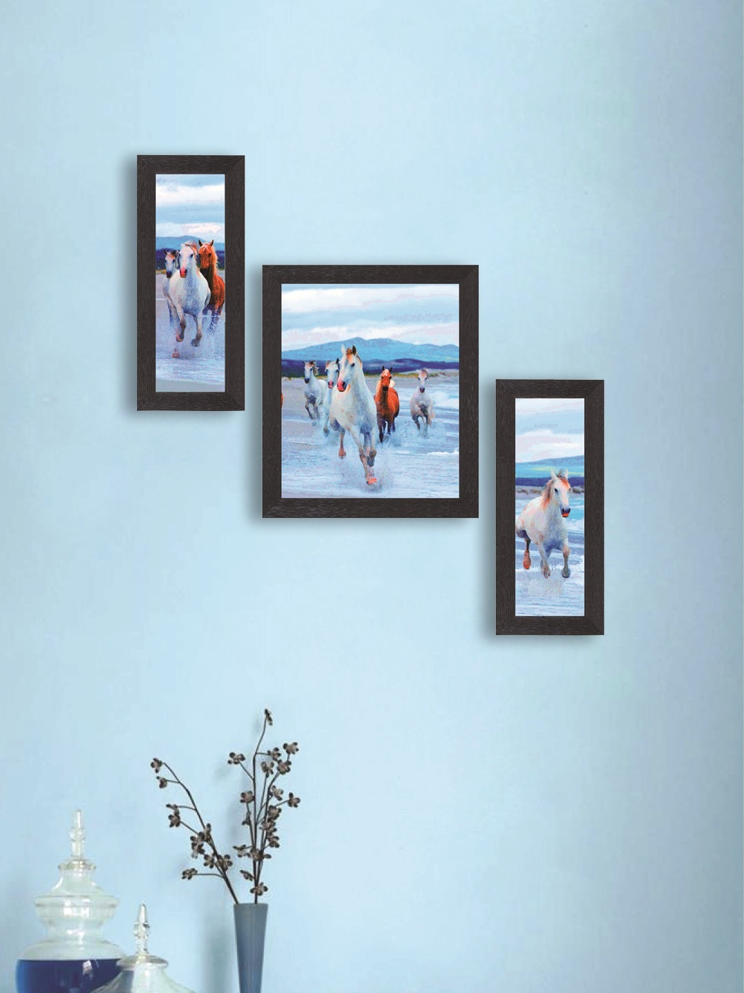 

nest ART 3-Panelled Blue & Brown Running Horses Synthetic Wood Wall Art