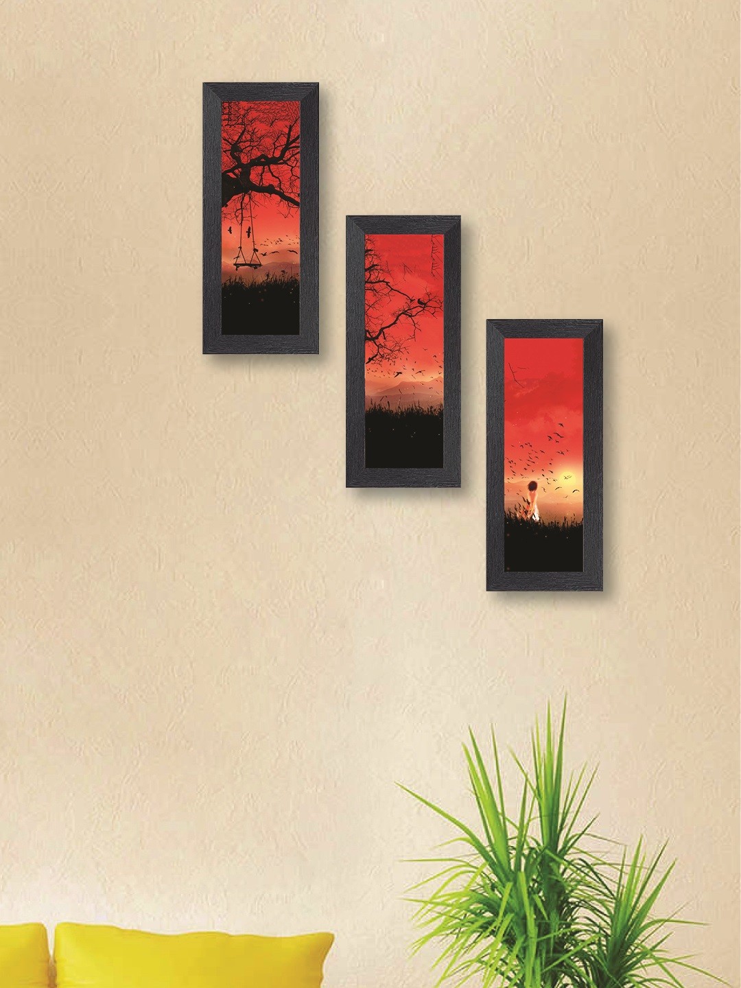 

nest ART Black & Orange Set of 3 Panelled Landscape Synthetic Wood Wall Art