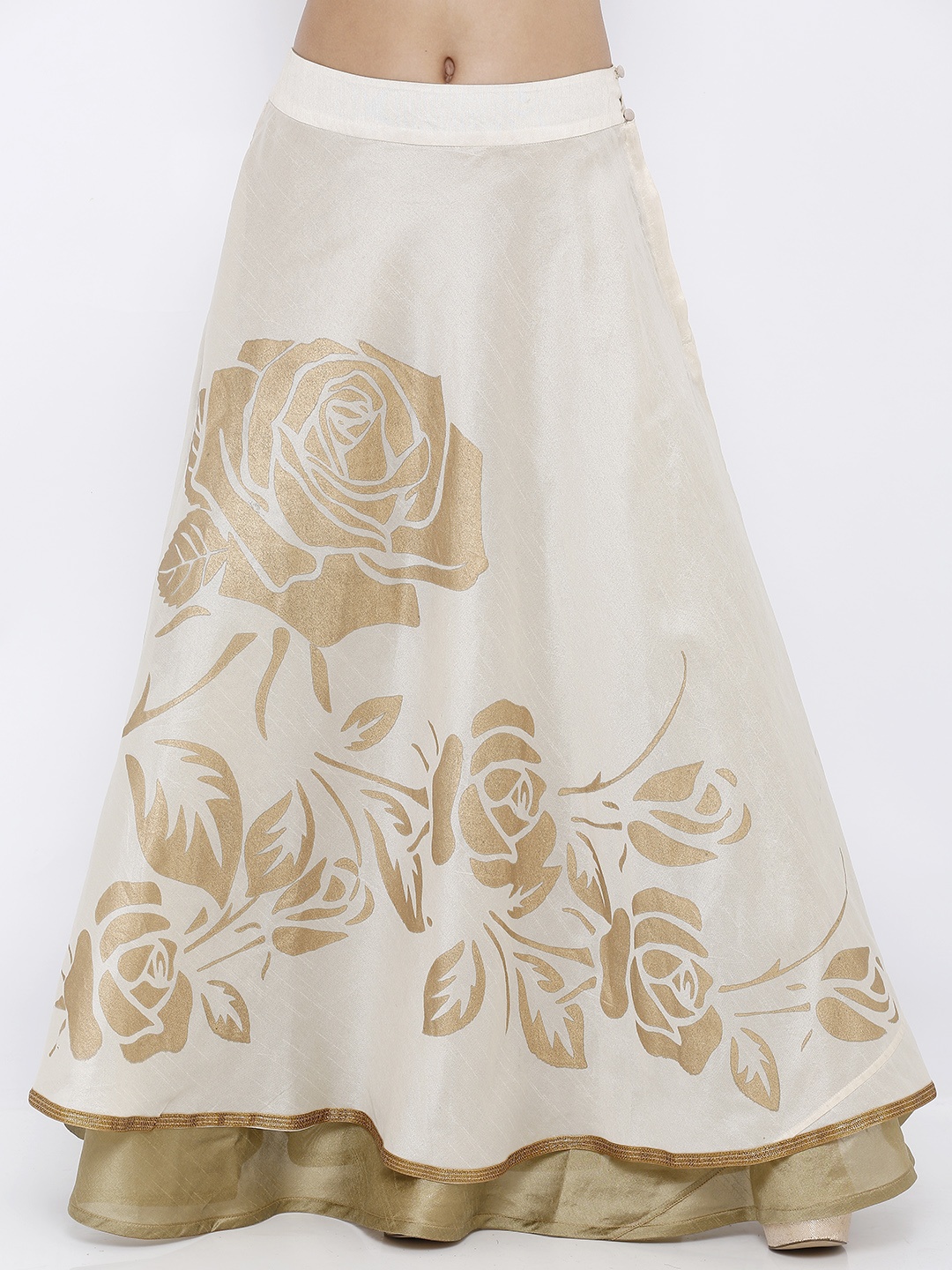 

Ira Soleil Women White & Gold-Toned Floral Printed Reversible Flared Maxi Skirt