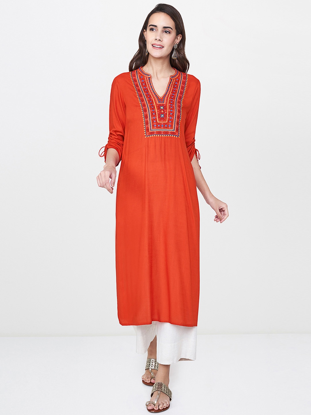 

Global Desi Women Rust Yoke Design Straight Kurta