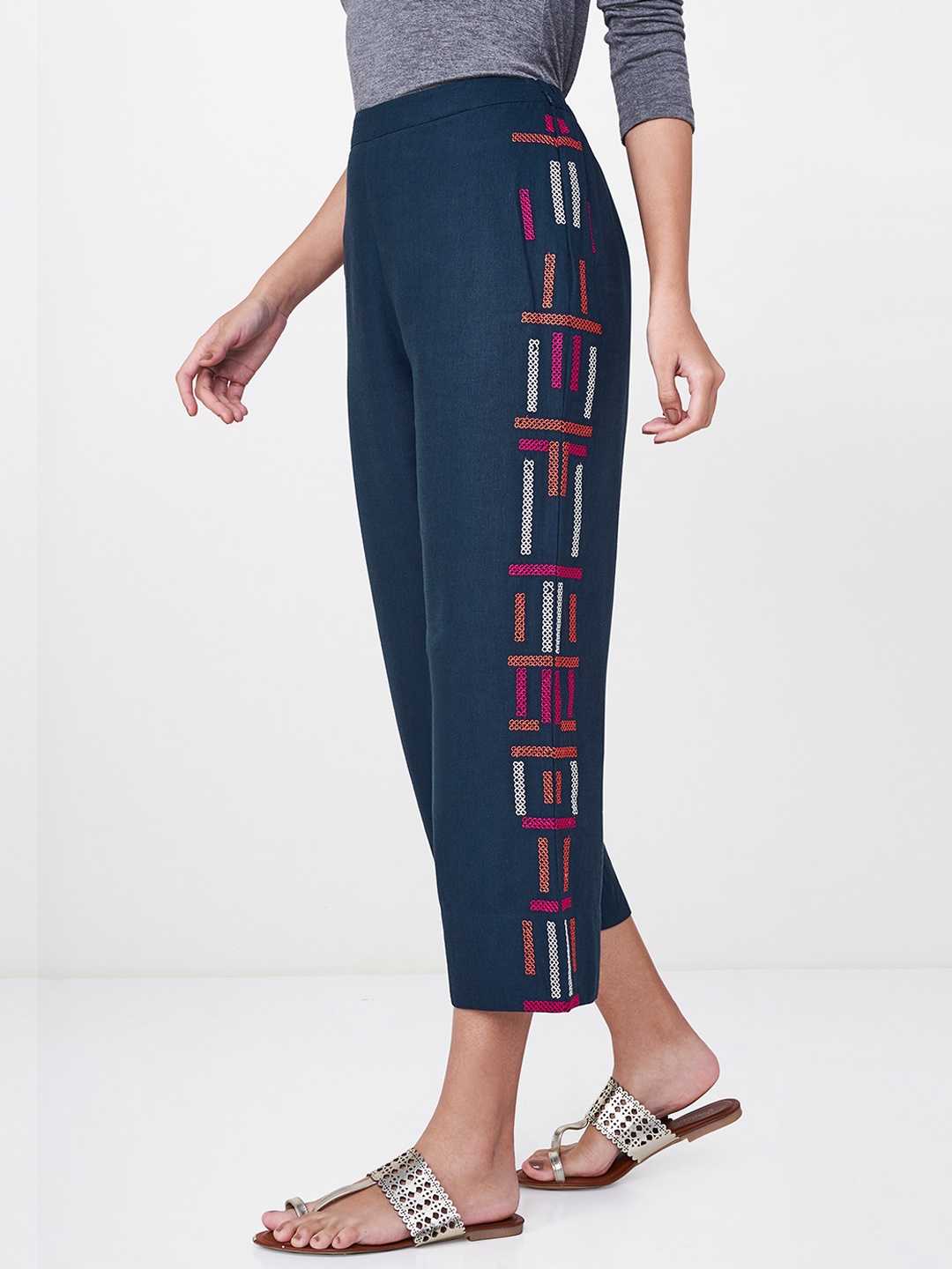 

Global Desi Women Navy Blue & Red Regular Fit Embroidered Regular Trousers