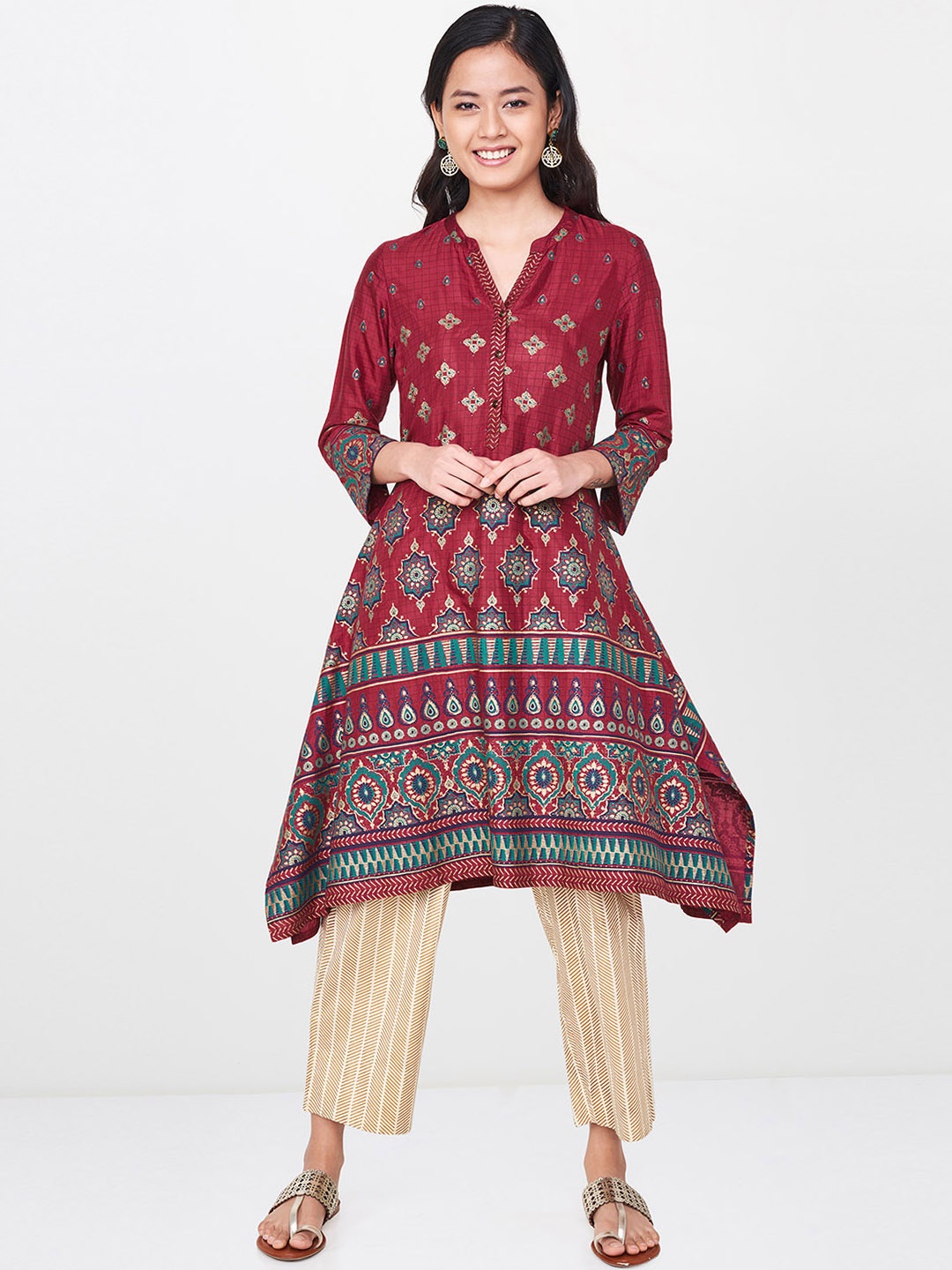 

Global Desi Women Maroon Printed A-Line Kurta