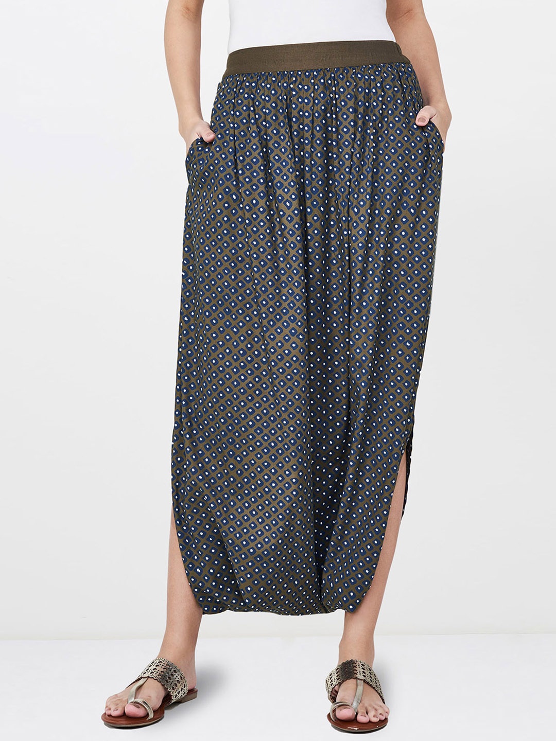 

Global Desi Women Olive Green & Navy Blue Regular Fit Printed Drop Crotch Trousers